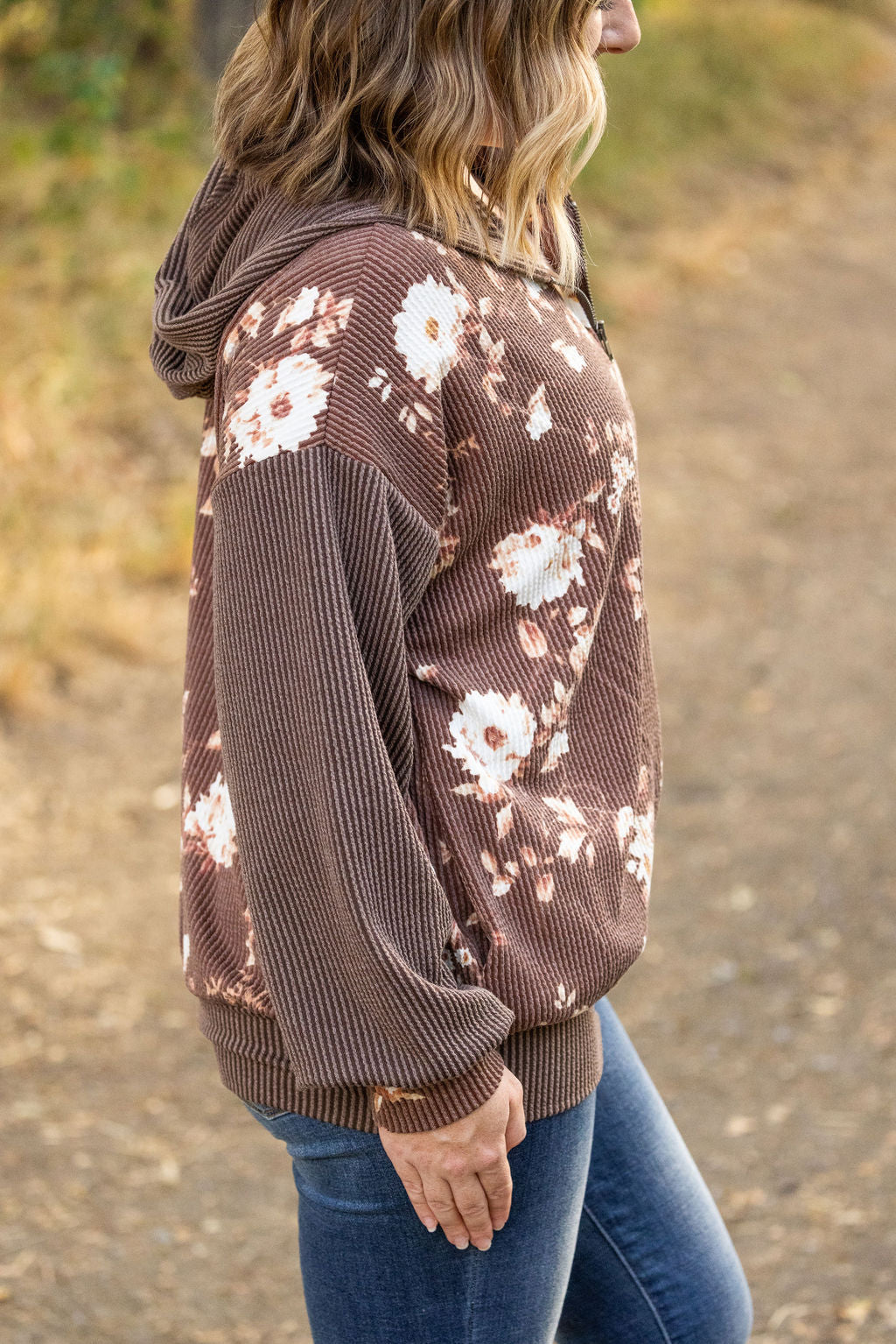 Ramona Ribbed Floral Zip Up - Brown