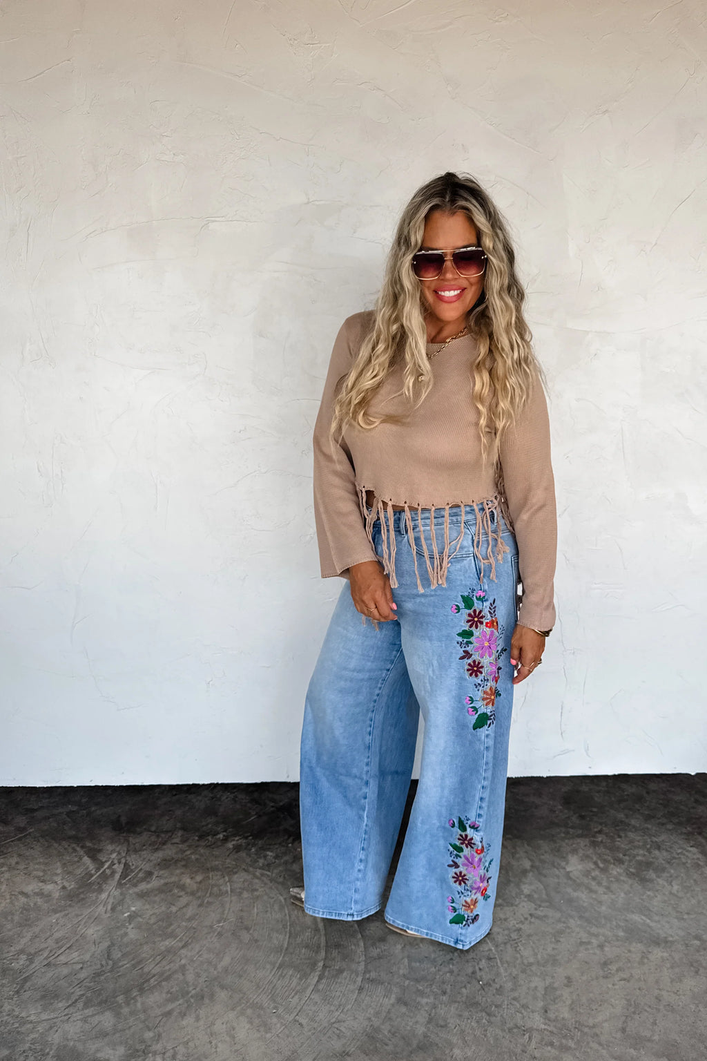 Evie Floral Embroidered Wide Leg Jeans