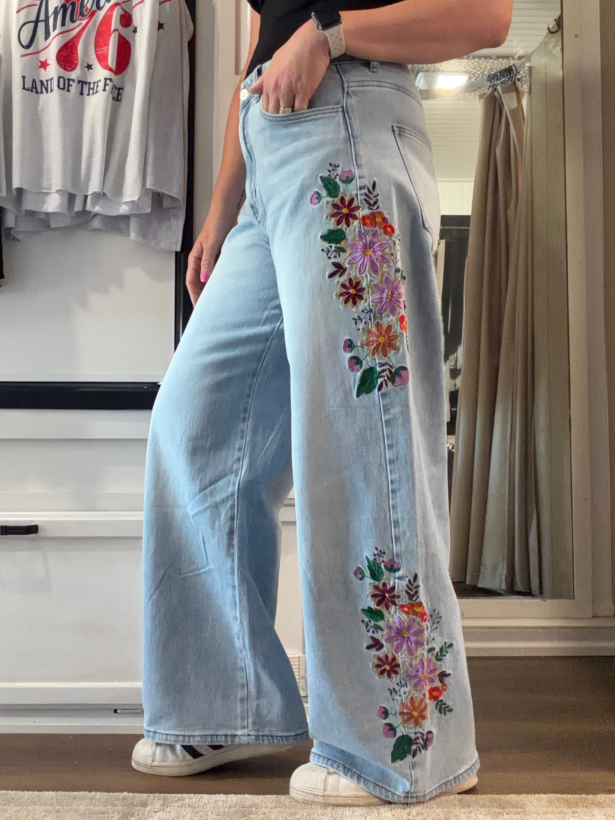 Evie Floral Embroidered Wide Leg Jeans
