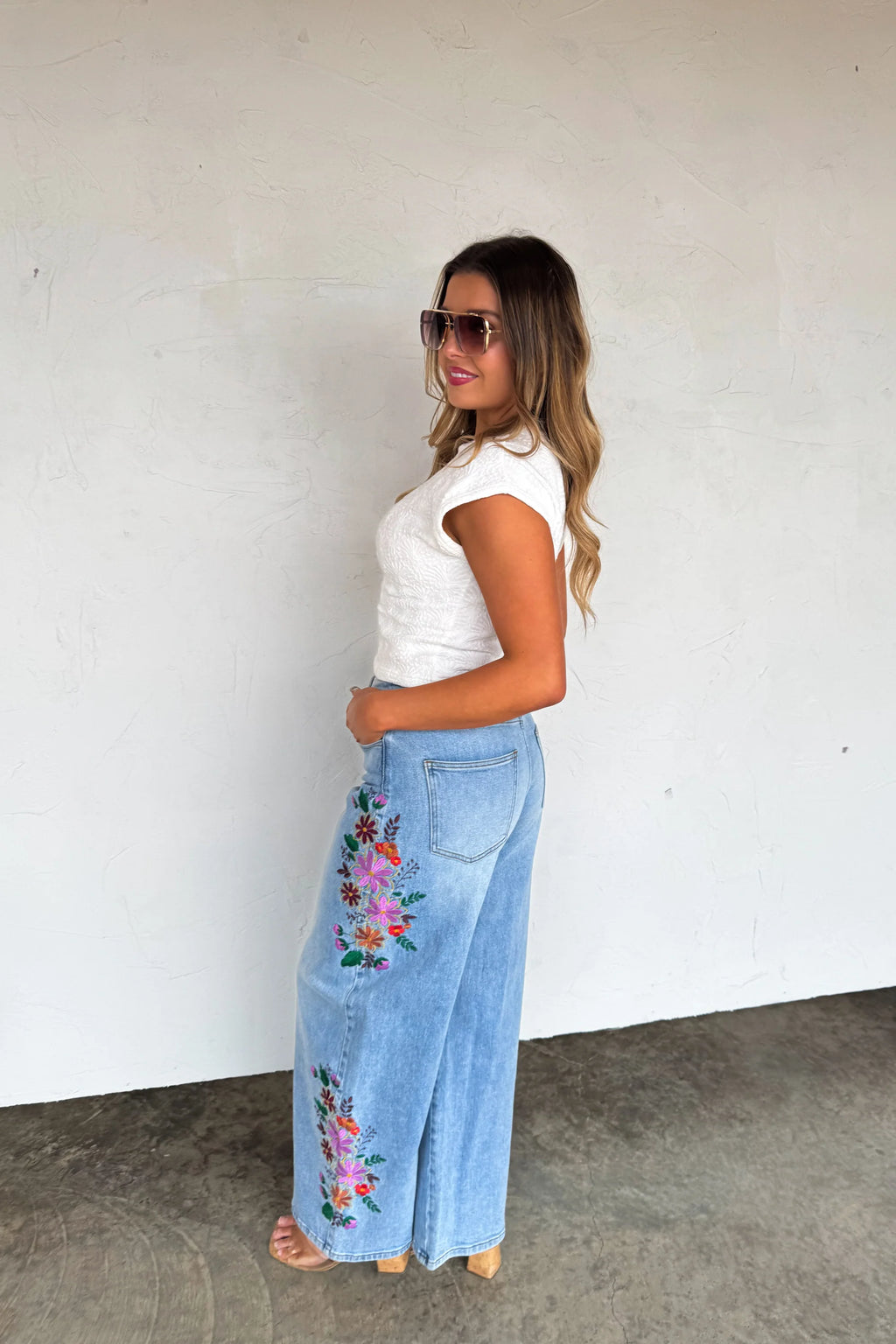 Evie Floral Embroidered Wide Leg Jeans