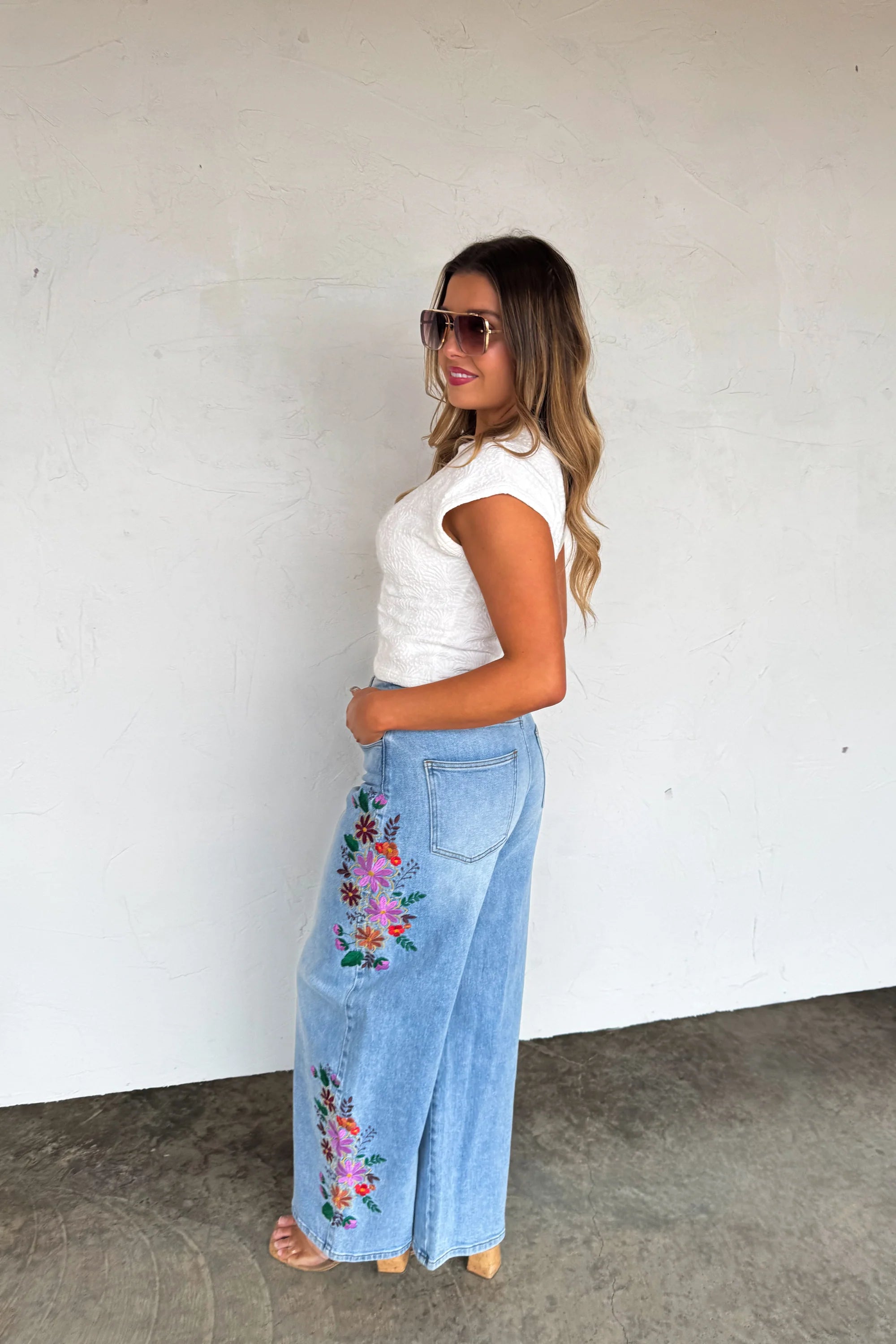 Evie Floral Embroidered Wide Leg Jeans