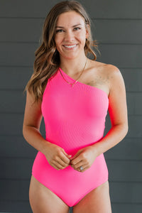 Beach Bound Ribbed One-Piece Swimsuit- Neon Pink