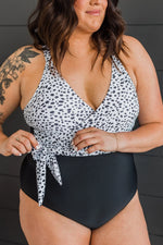 Load image into Gallery viewer, Beach Party One-Piece Swimsuit- Black &amp; Dalmatian Print
