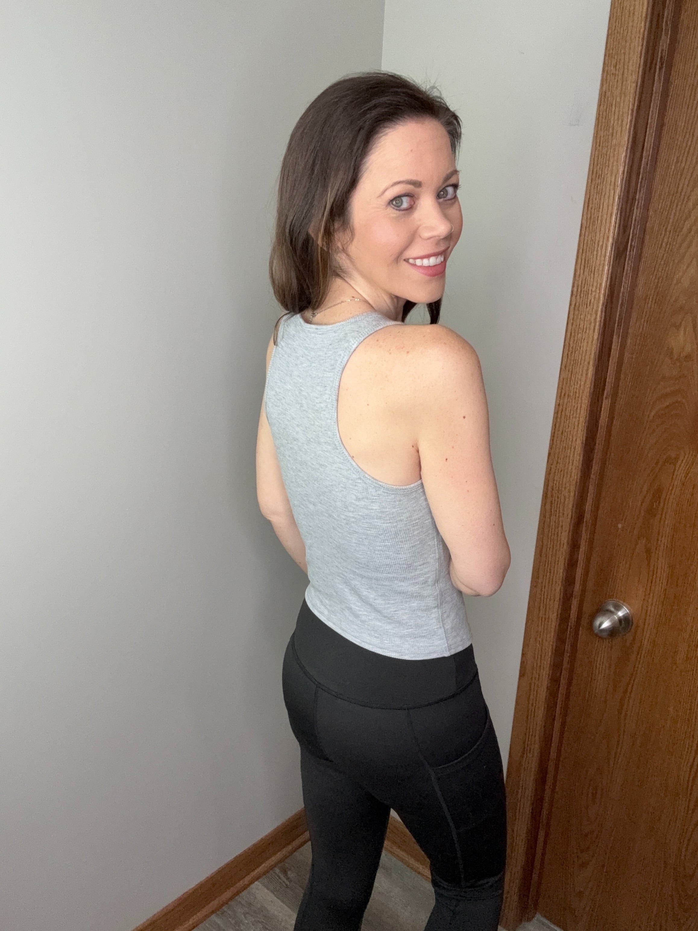 Racerback Rib Tank with Removable Pads - Heather Gray