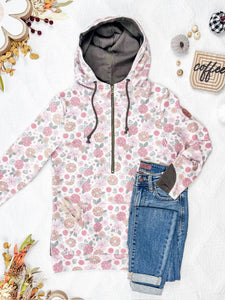 HalfZip Hoodie - Boho Fall Floral and Olive