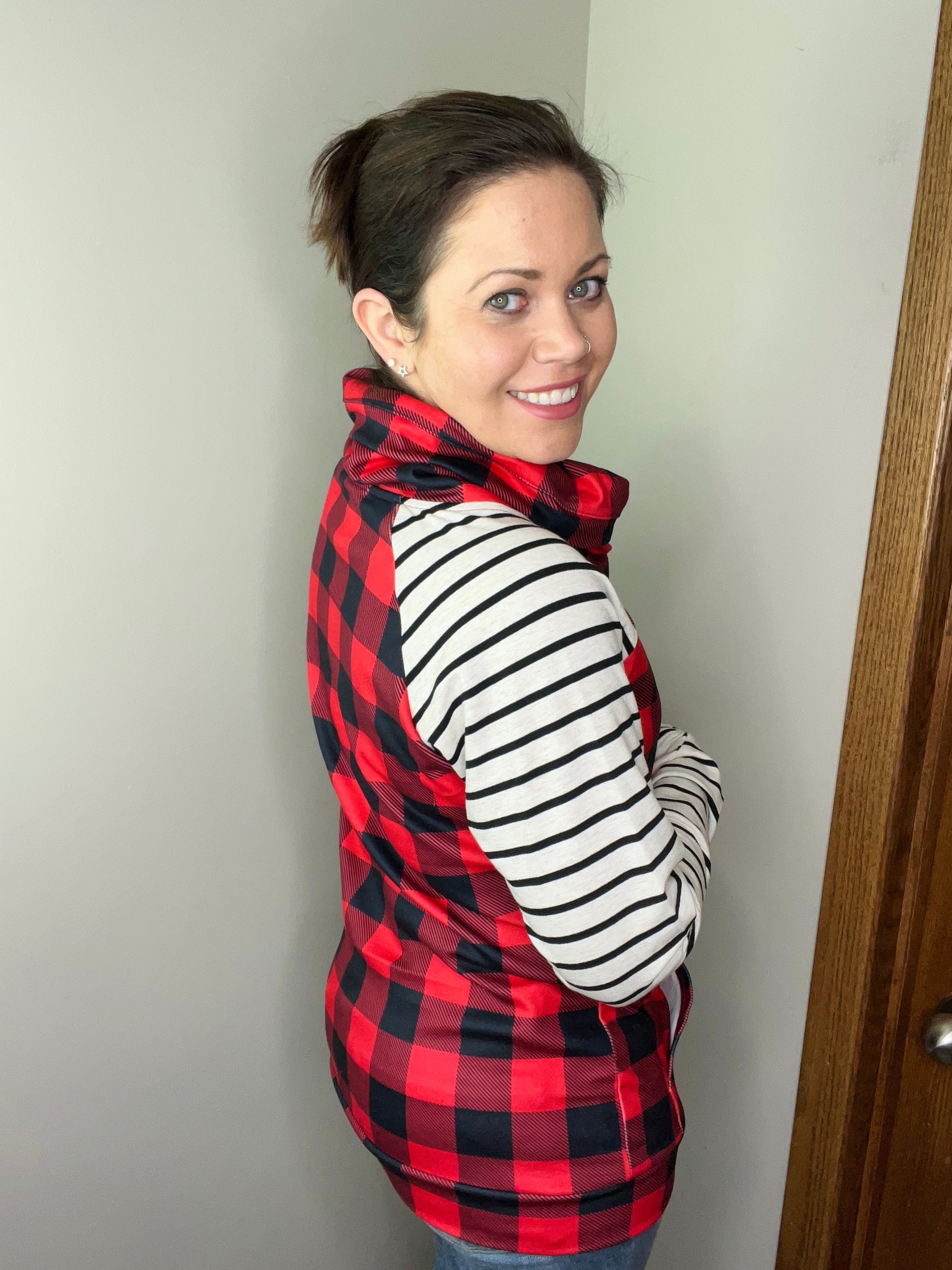 **Zoey ZipCowl - Buffalo Plaid and Oatmeal Stripes