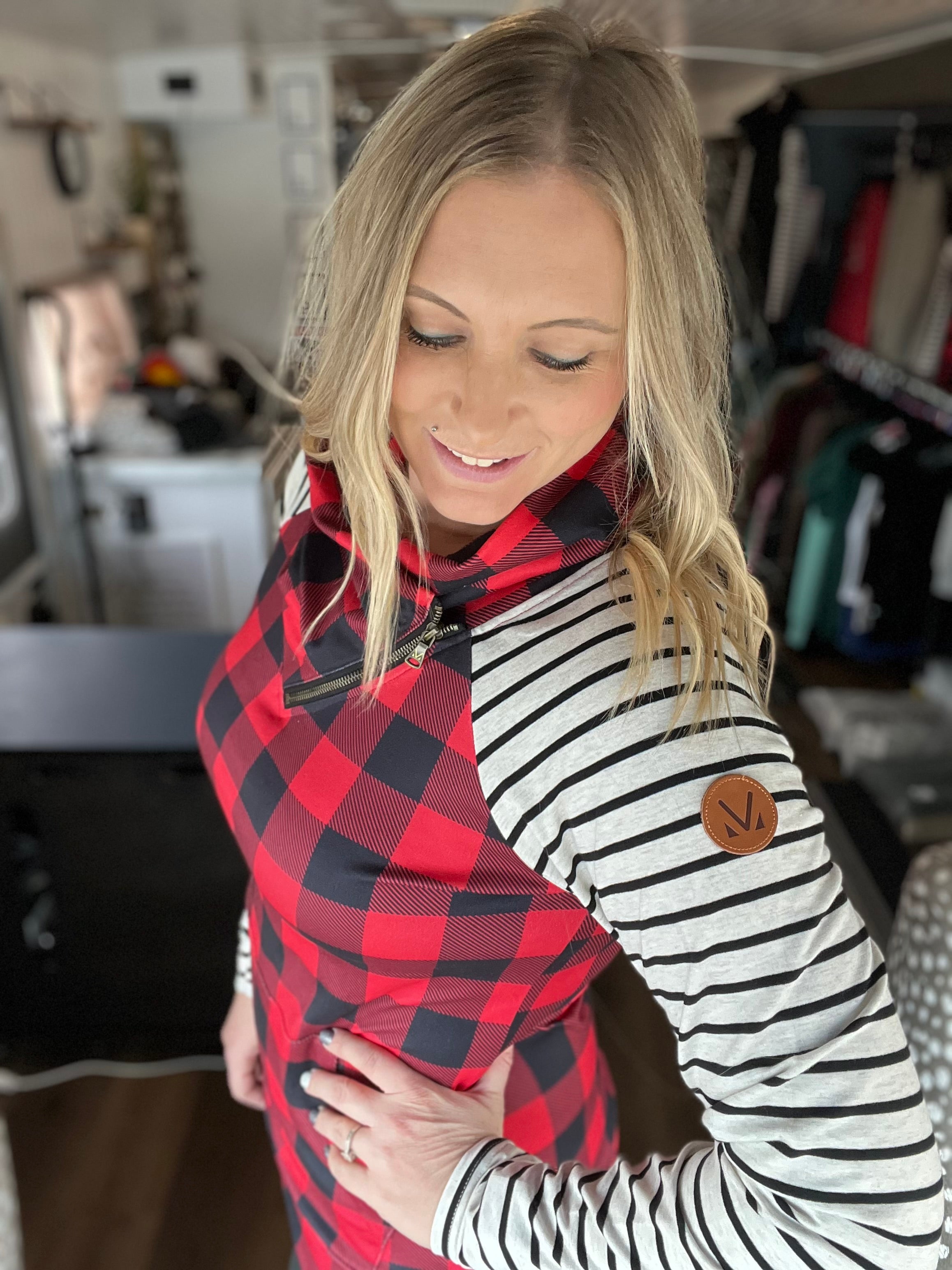 **Zoey ZipCowl - Buffalo Plaid and Oatmeal Stripes