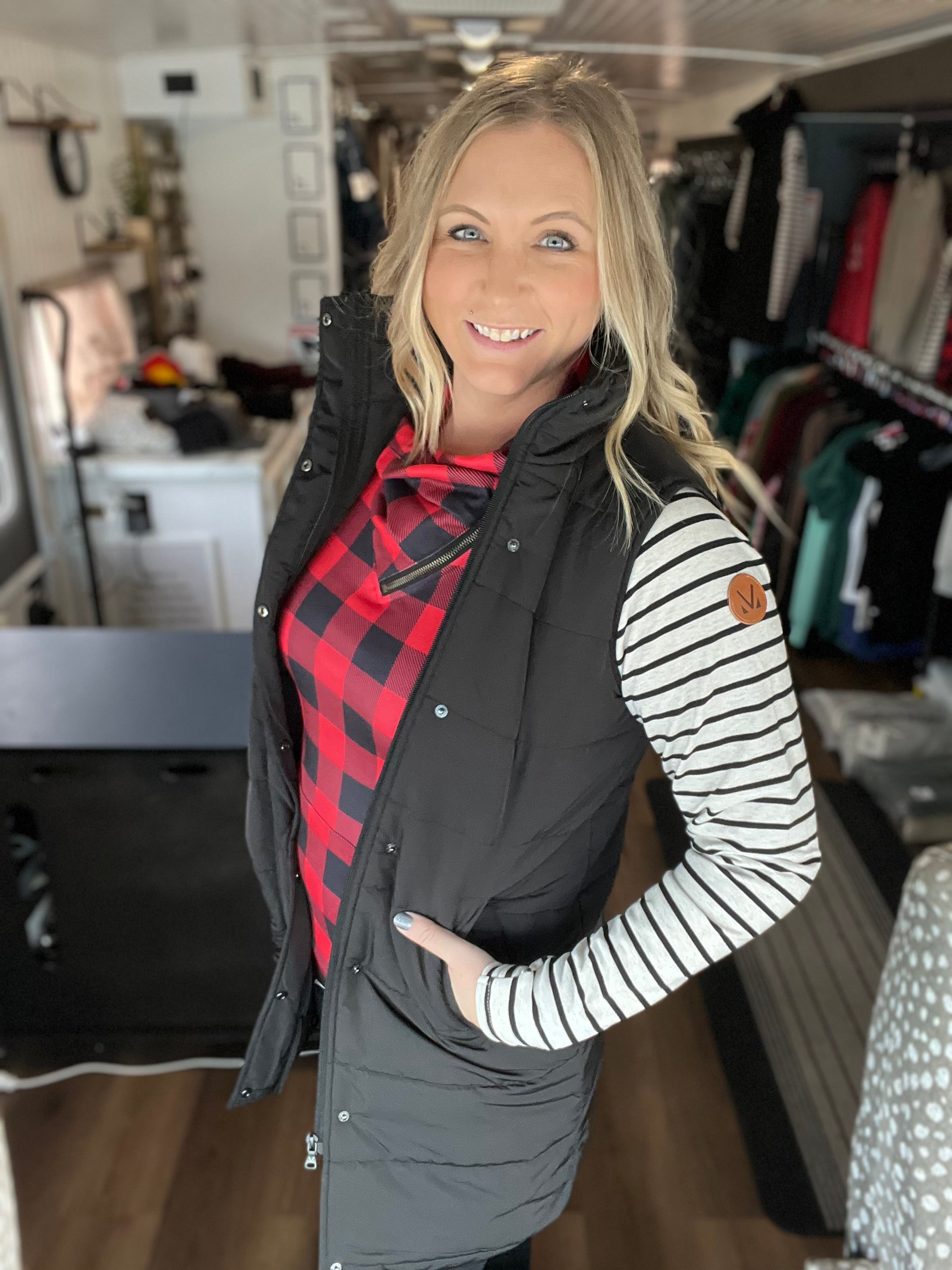 **Zoey ZipCowl - Buffalo Plaid and Oatmeal Stripes