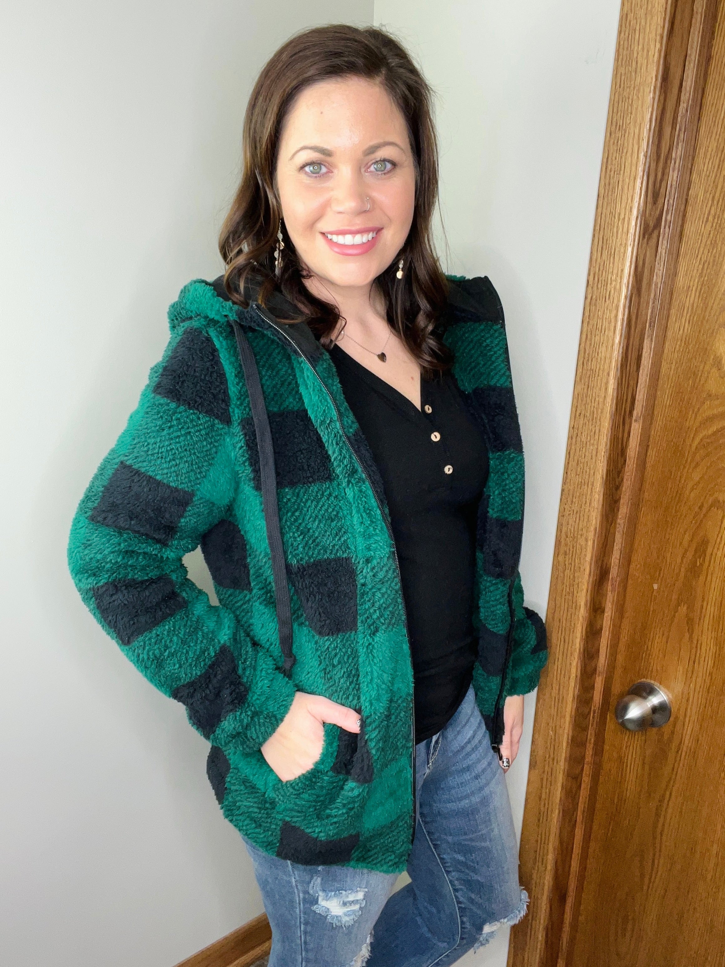 **Sherpa Full Zip Hoodie - Green Plaid FINAL SALE