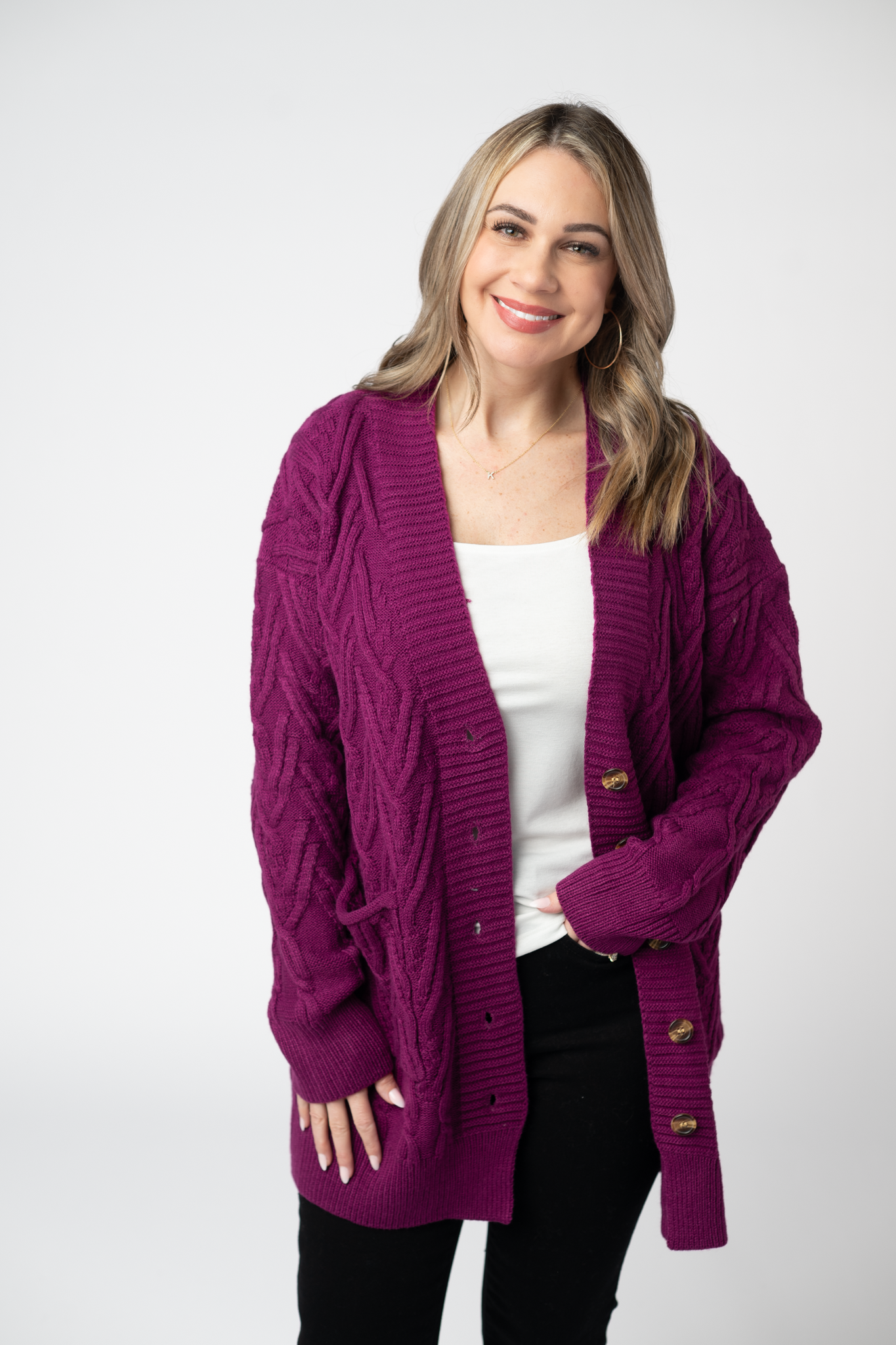 Brooks Button Sweater Cardigan - Magenta