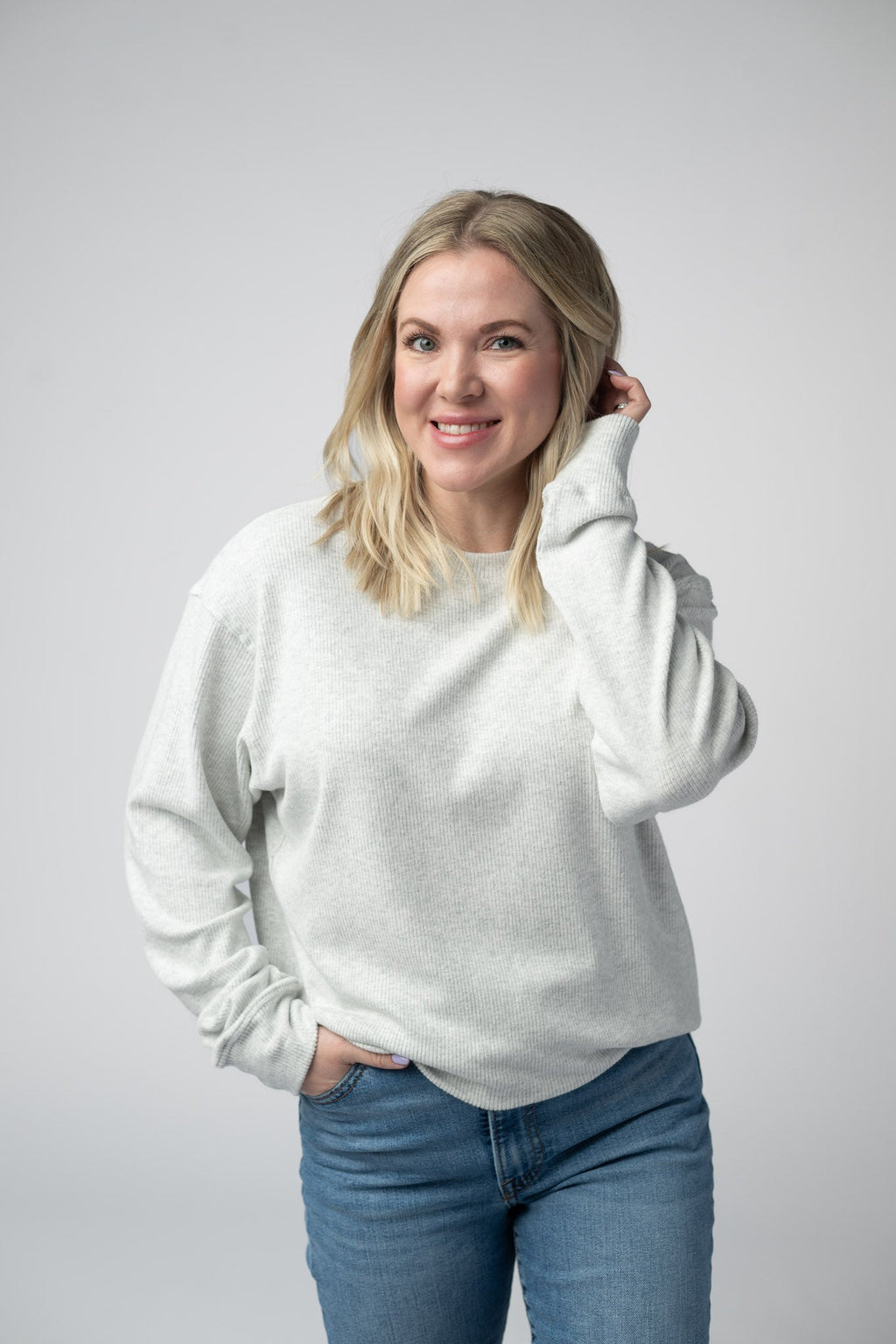 Corrine Ribbed Pullover Top - Light Grey