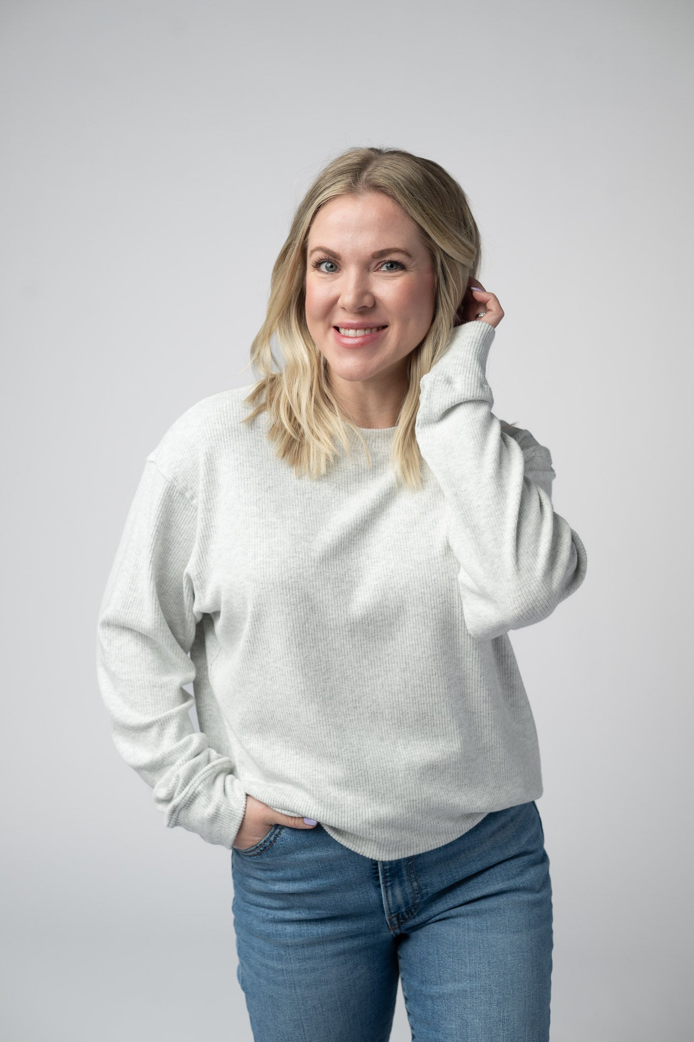 Corrine Ribbed Pullover Top - Light Grey
