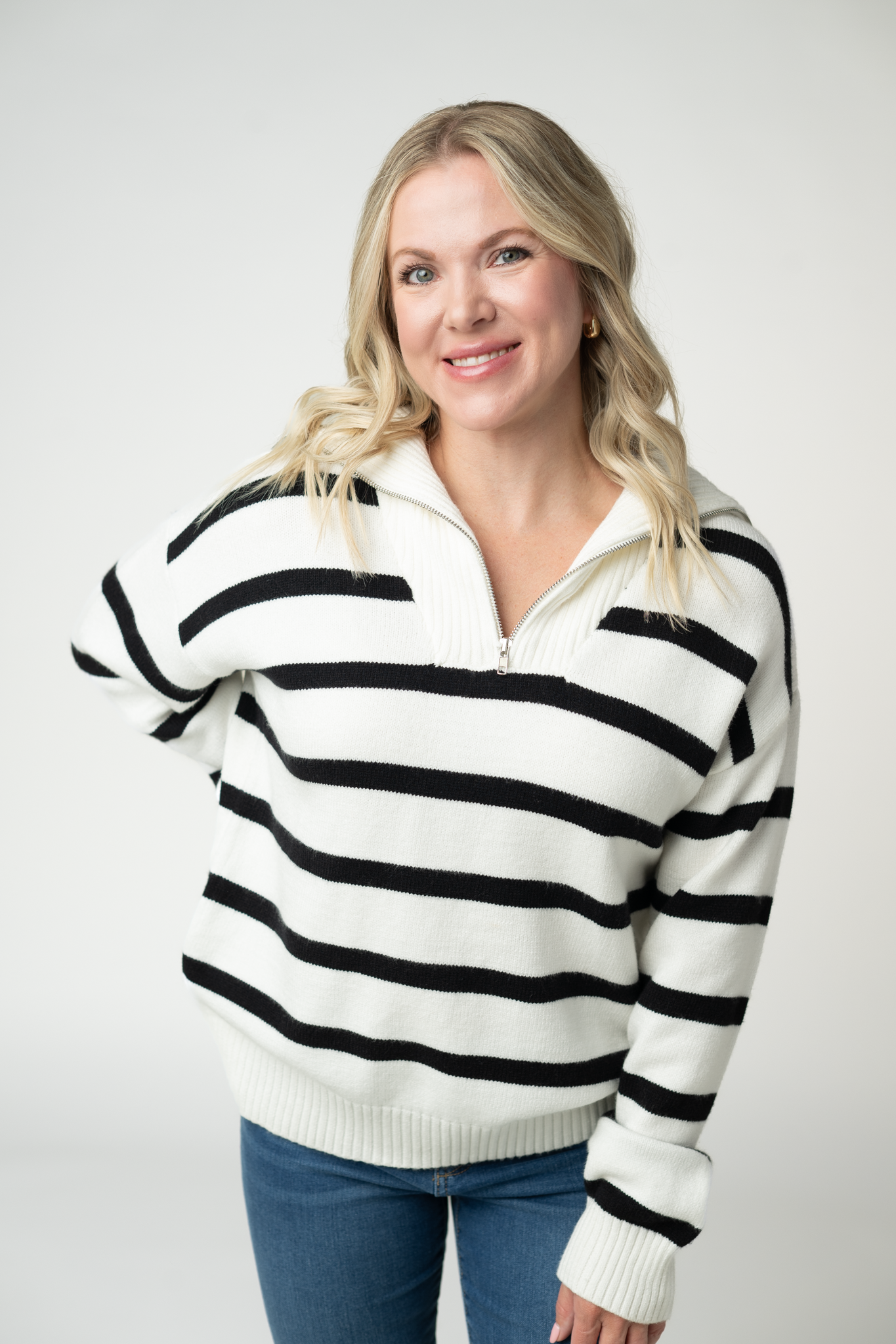 Quarter Zip Striped Pullover - Black and White