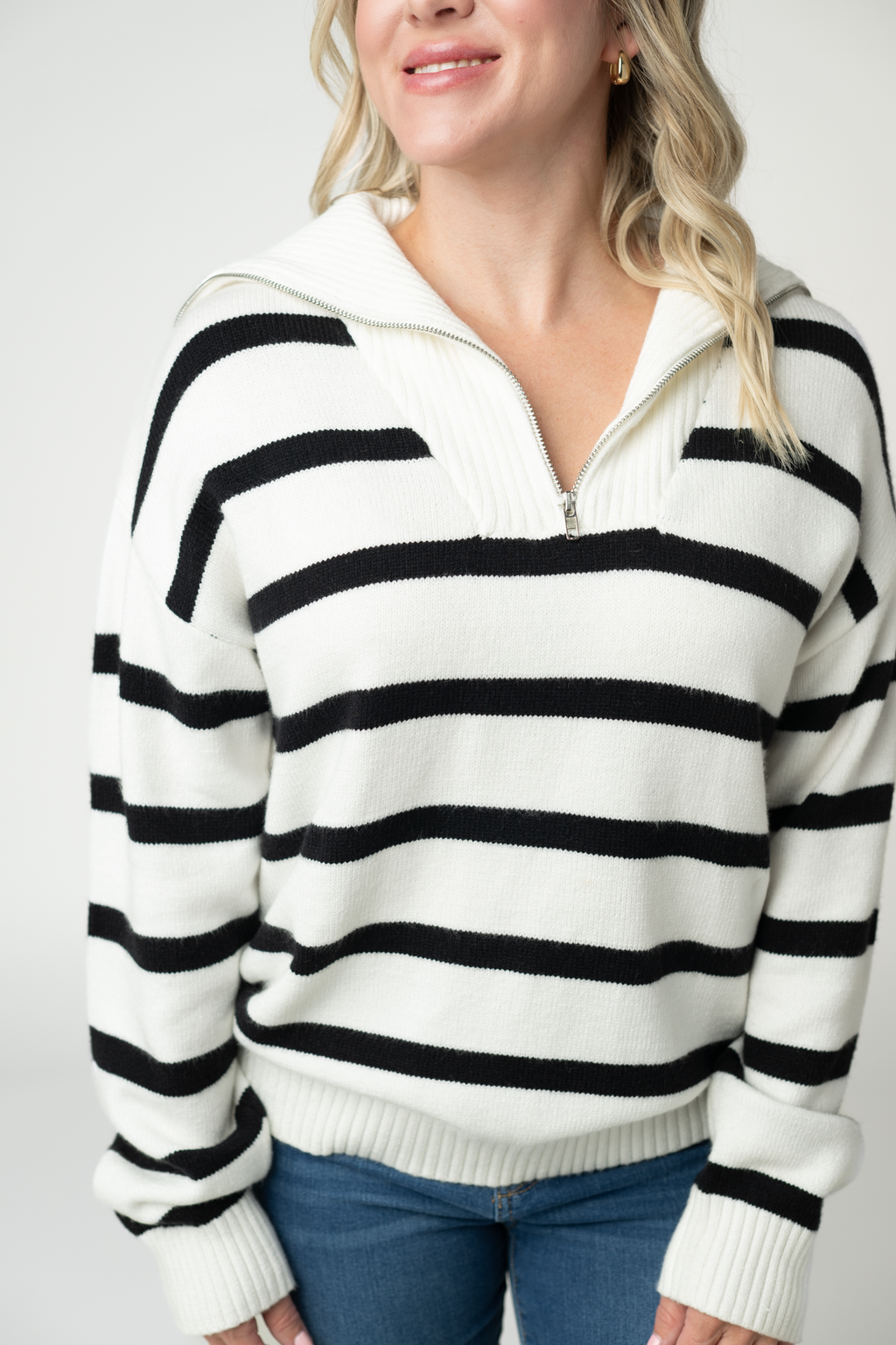 Quarter Zip Striped Pullover - Black and White