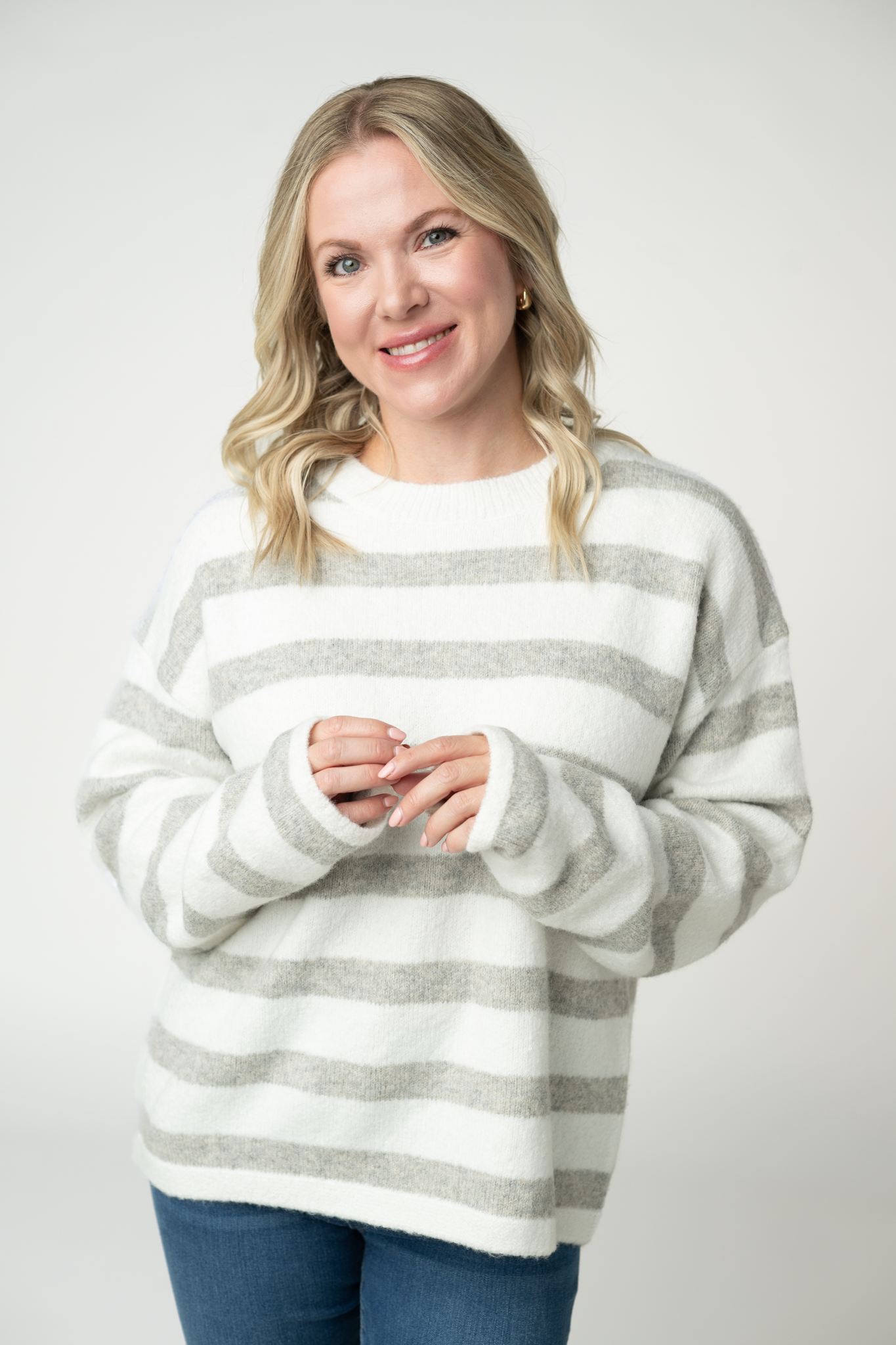 Cozy Stripe Sweater - Grey and White