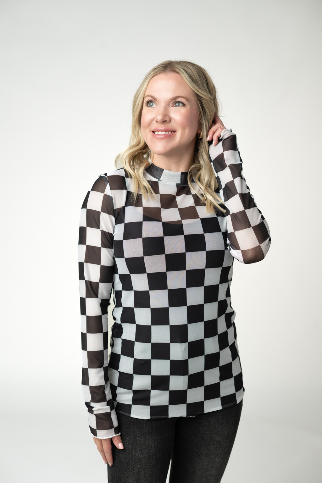 Blair Mesh Long Sleeve Top - Black and White Checkers