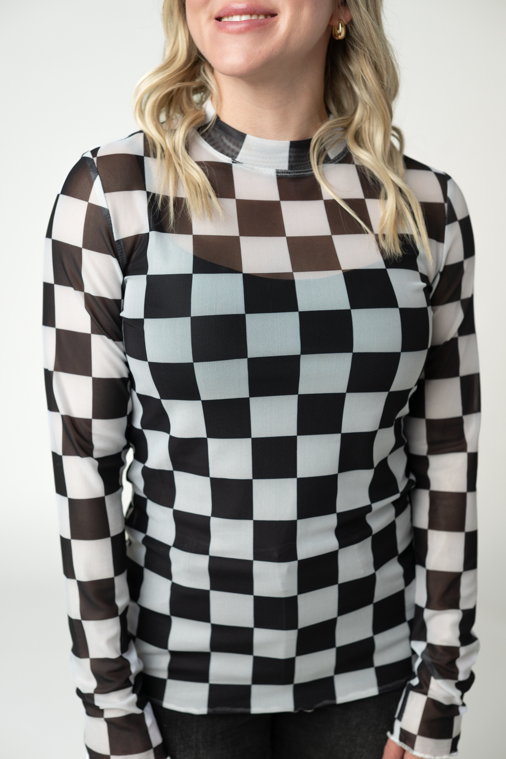 Blair Mesh Long Sleeve Top - Black and White Checkers