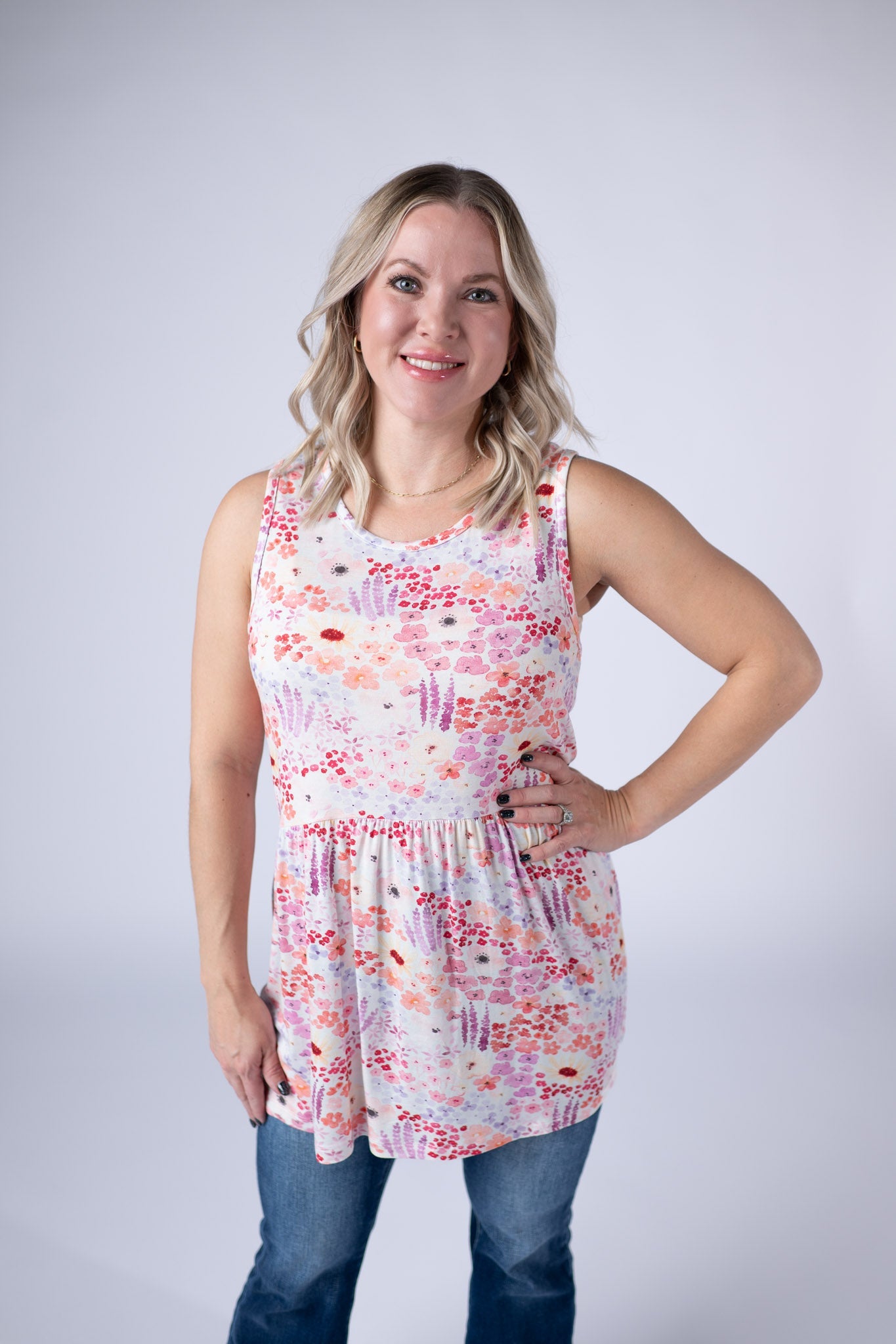 Renee Ruffle Tank Top - Coral Sunset Floral