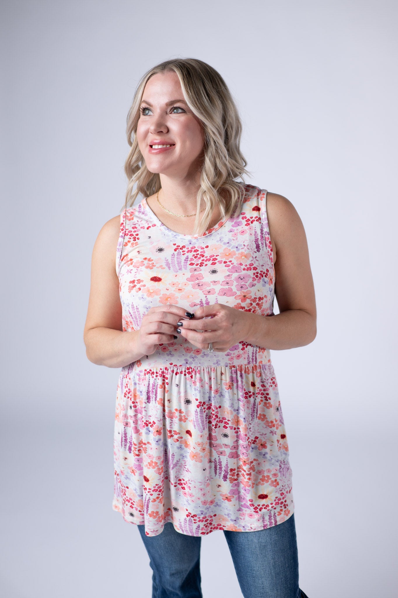 Renee Ruffle Tank Top - Coral Sunset Floral