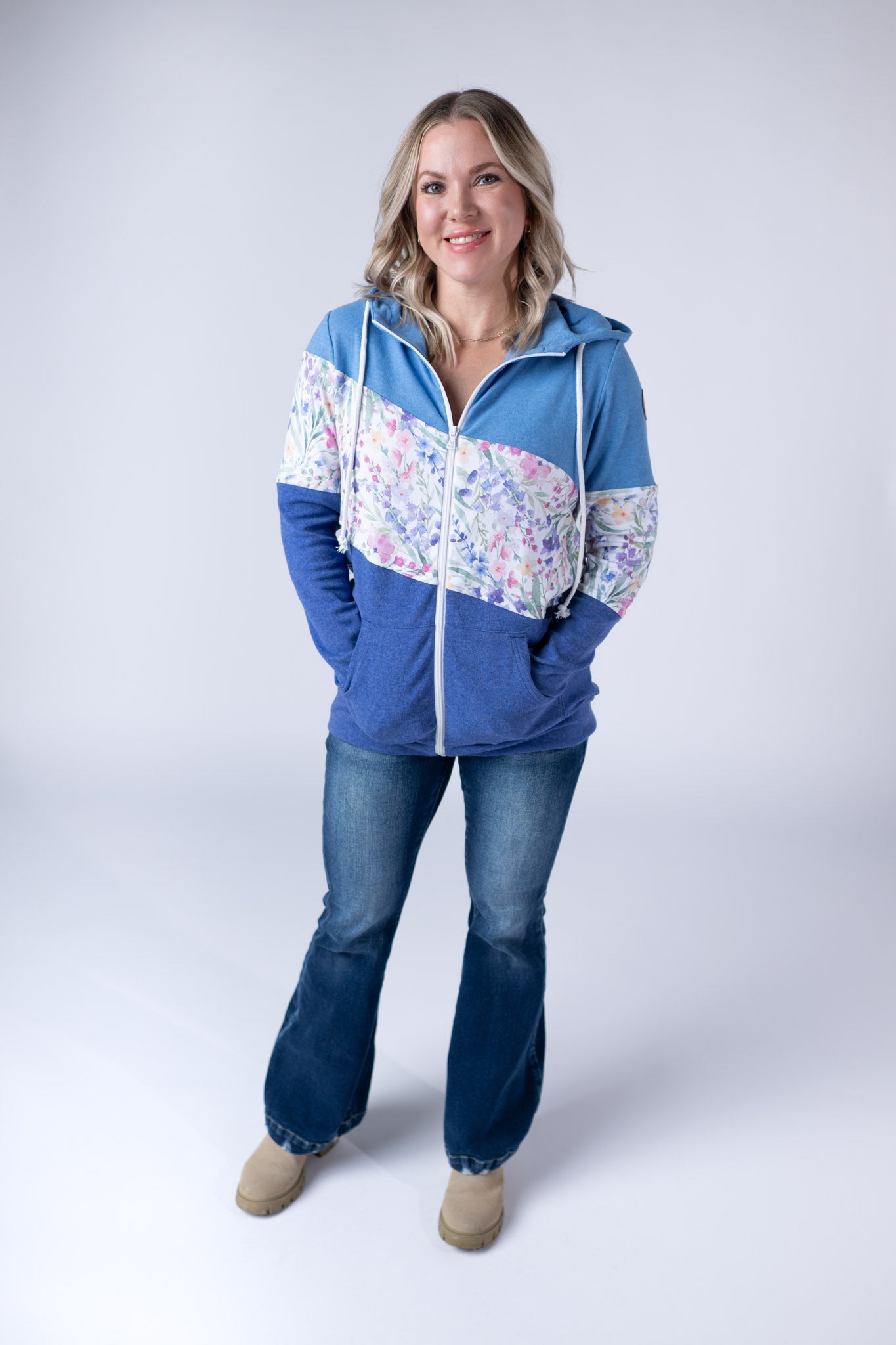 Colorblock Fullzip - Light Blue, Cottage Floral, and Blue