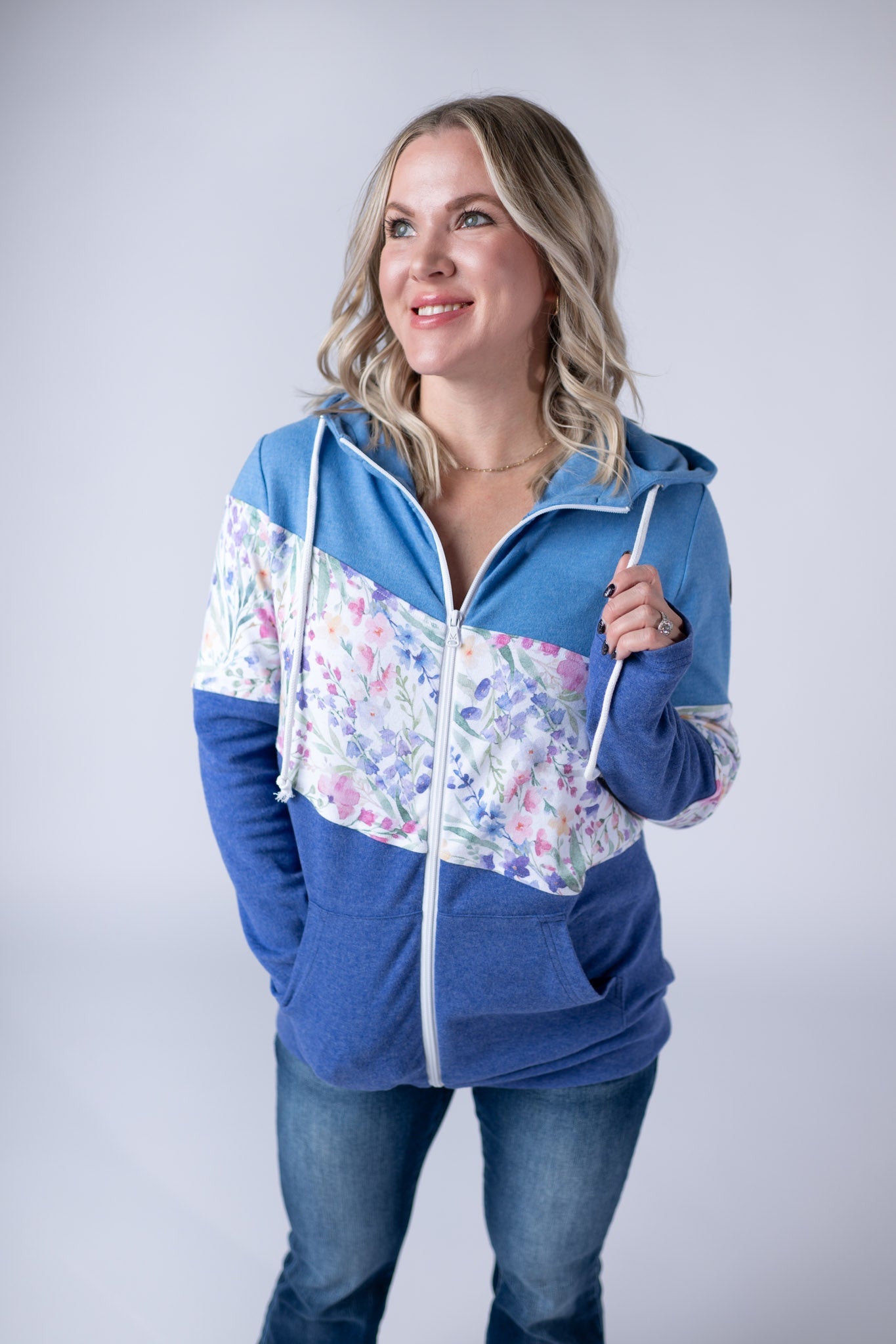 Colorblock Fullzip - Light Blue, Cottage Floral, and Blue