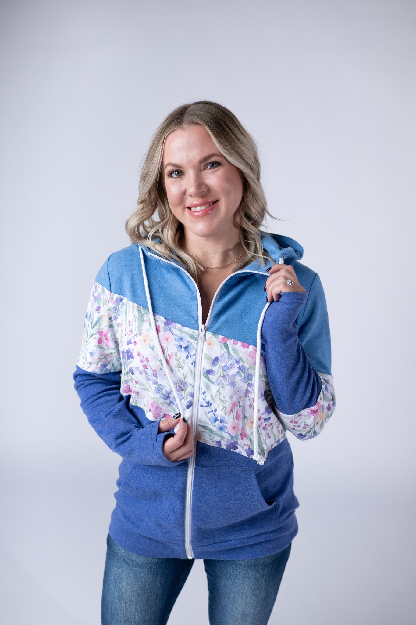 Colorblock Fullzip - Light Blue, Cottage Floral, and Blue