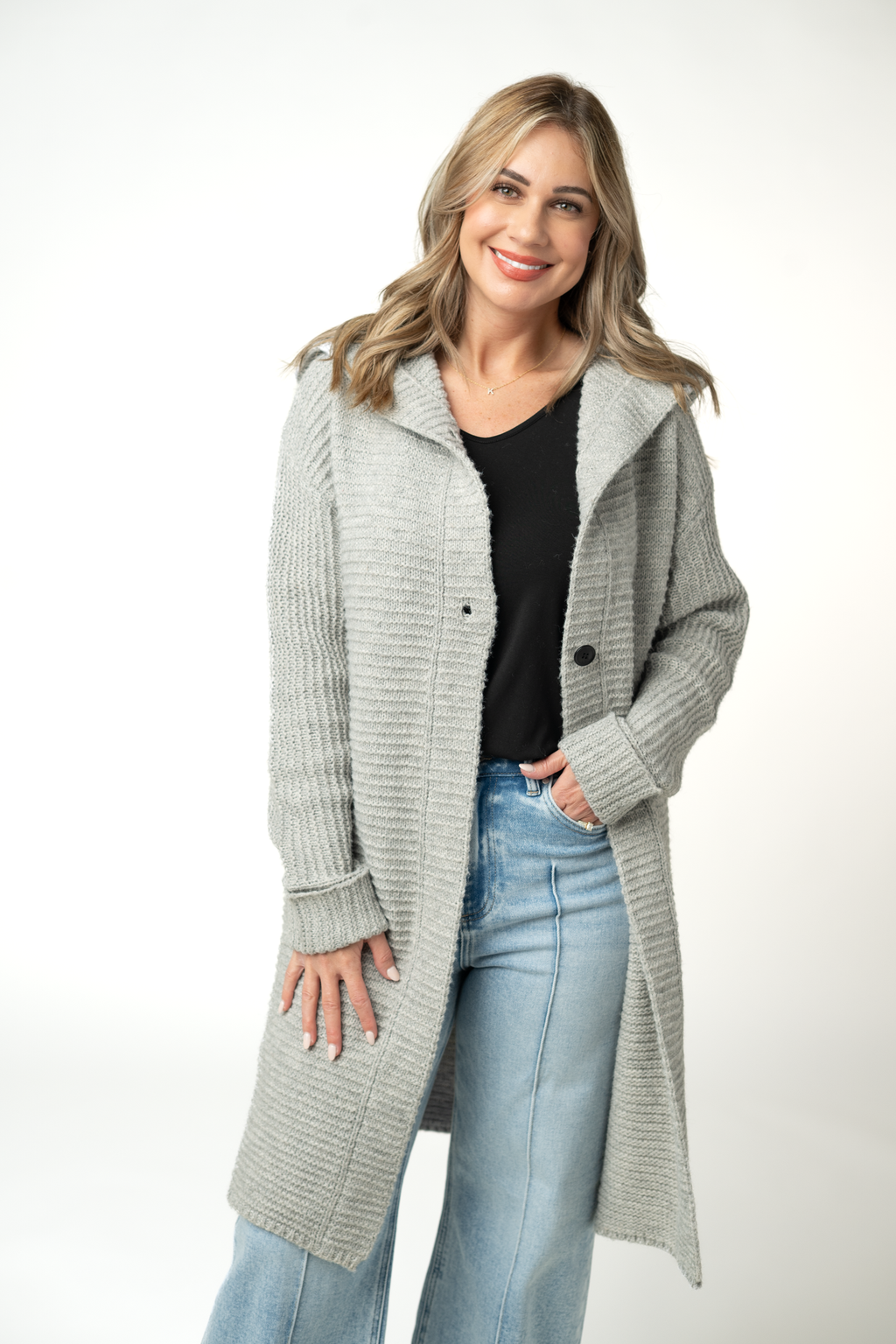 Lillian Long Hooded Cardigan - Grey