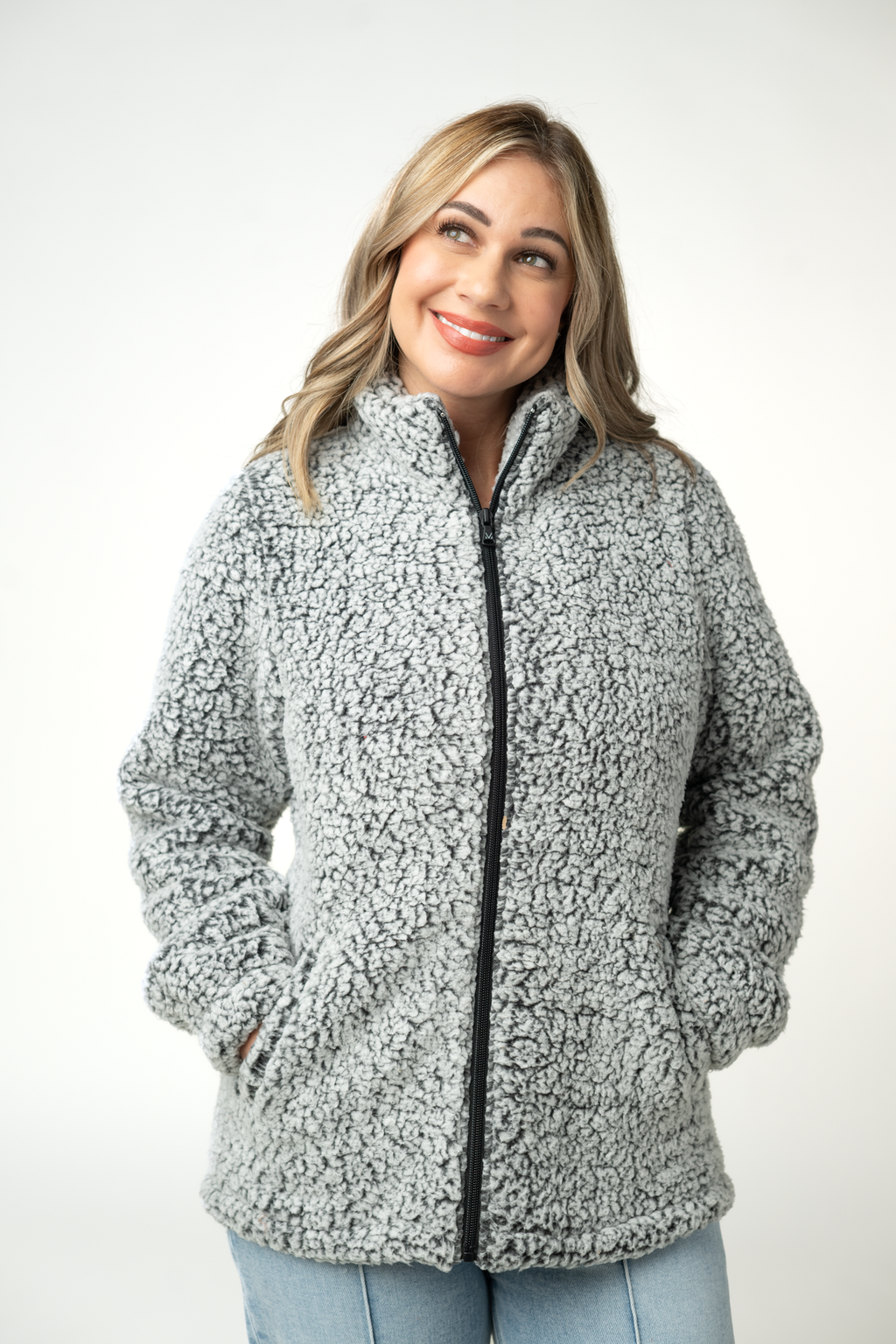 Two Tone Fullzip Sherpa - Charcoal and White