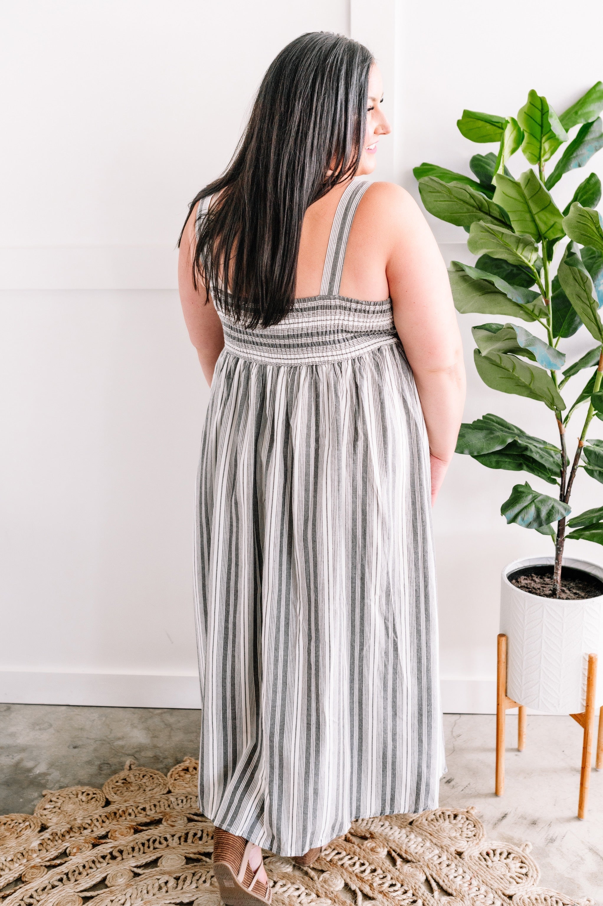 In Store Smocked Maxi Dress In Grey & Ivory Stripes