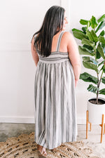 Load image into Gallery viewer, In Store Smocked Maxi Dress In Grey &amp; Ivory Stripes
