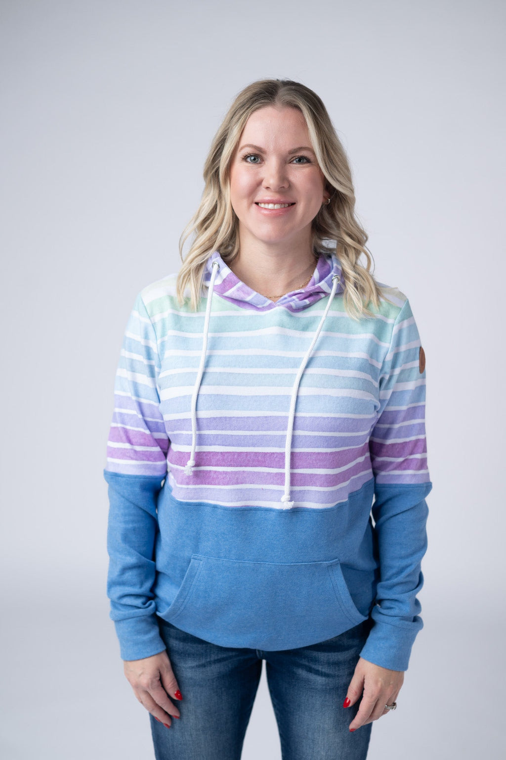 Hailey Pullover Hoodie - Rainbow Stripes and Blue