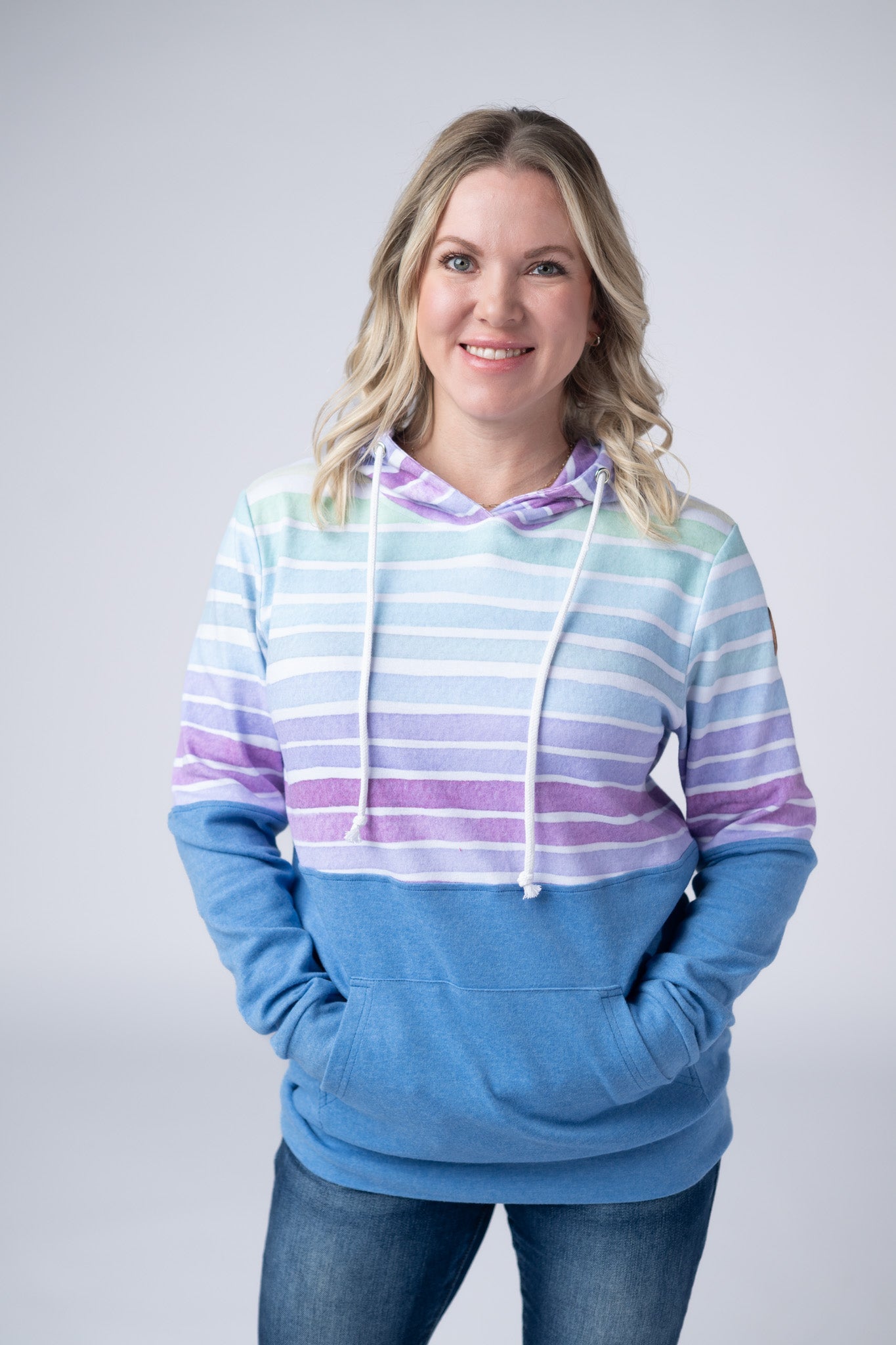 Hailey Pullover Hoodie - Rainbow Stripes and Blue