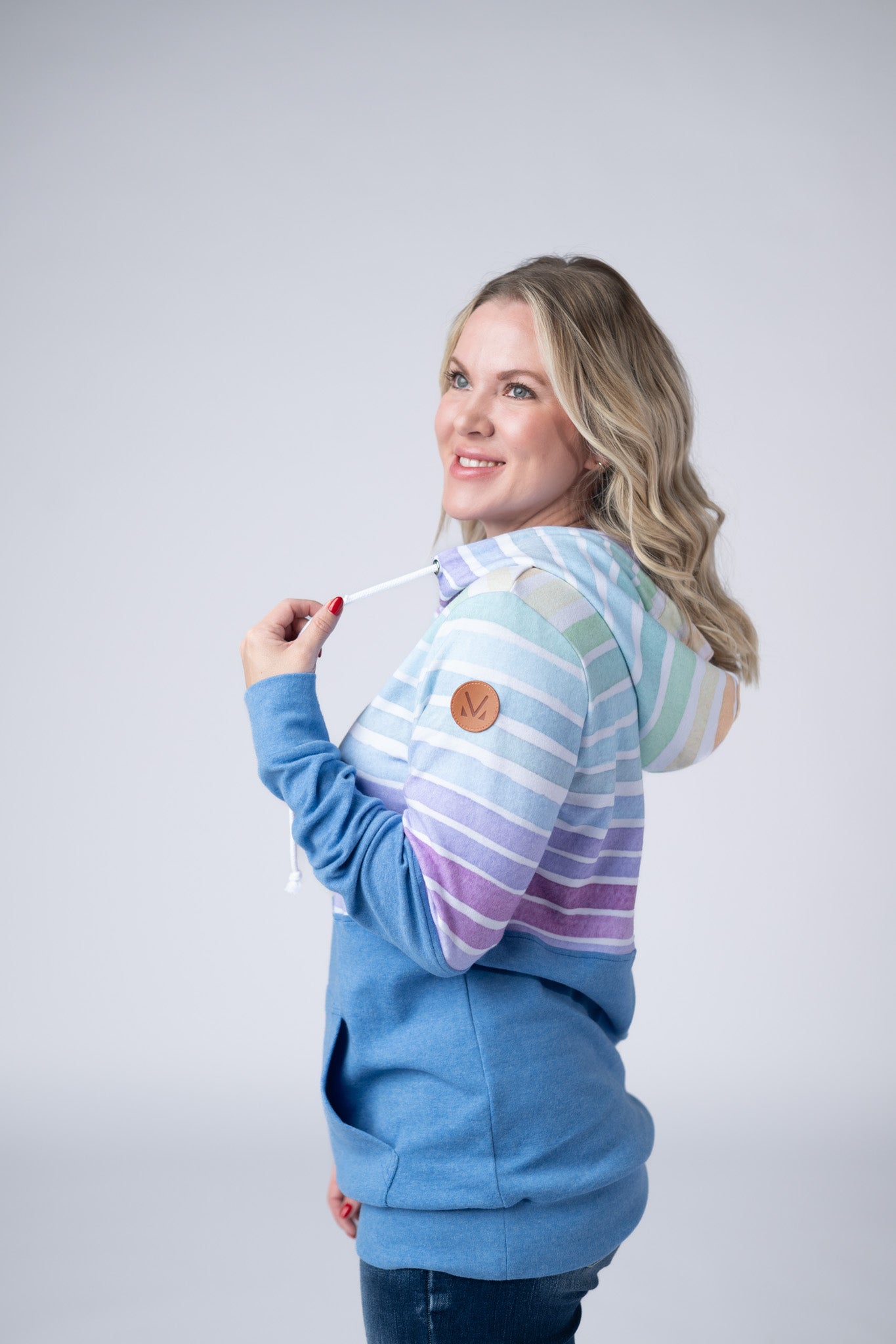 Hailey Pullover Hoodie - Rainbow Stripes and Blue