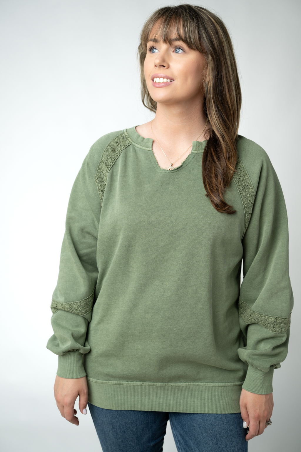 Lace Accent Vintage Wash Pullover - Olive