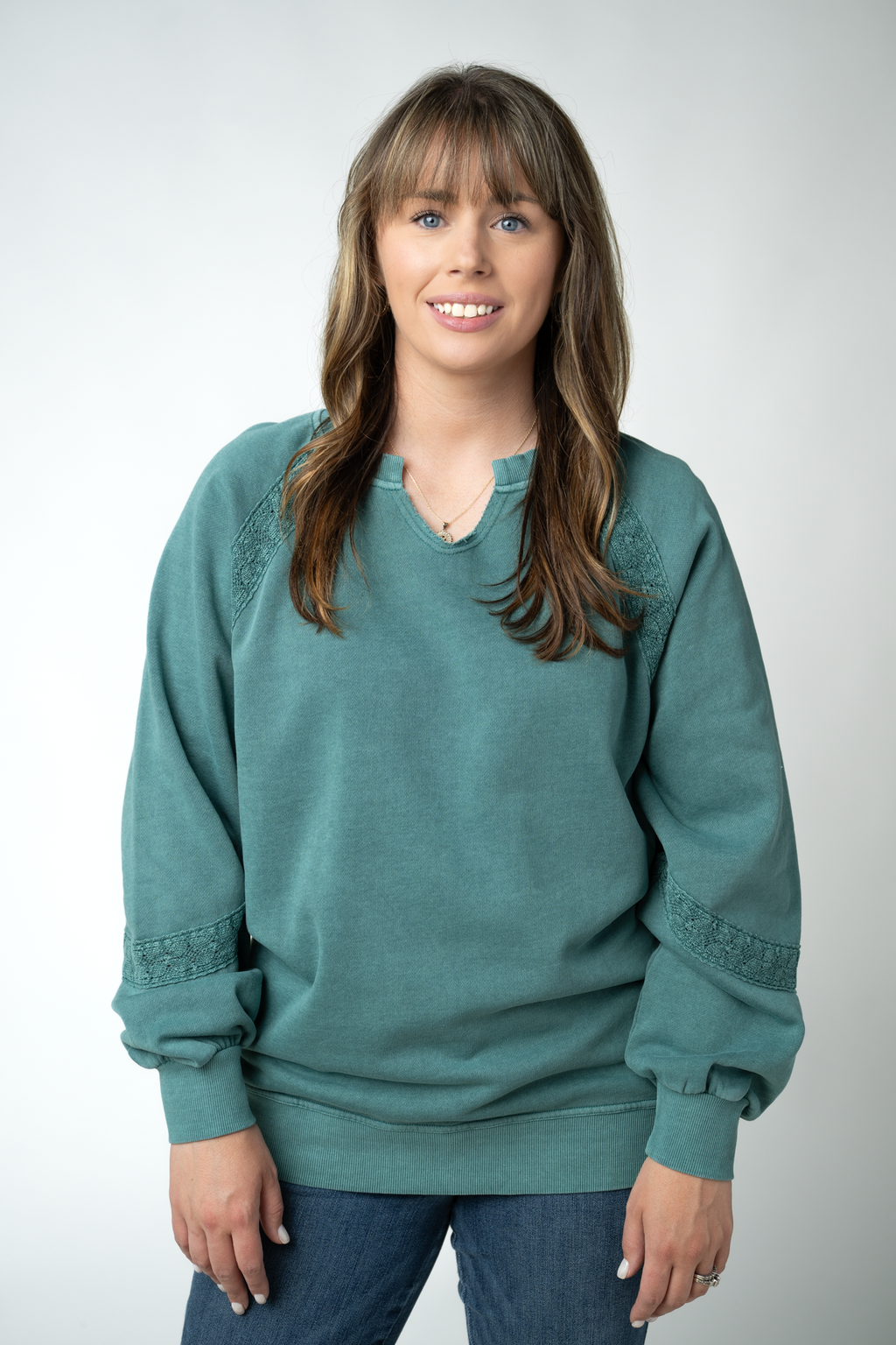 Lace Accent Vintage Wash Pullover - Teal