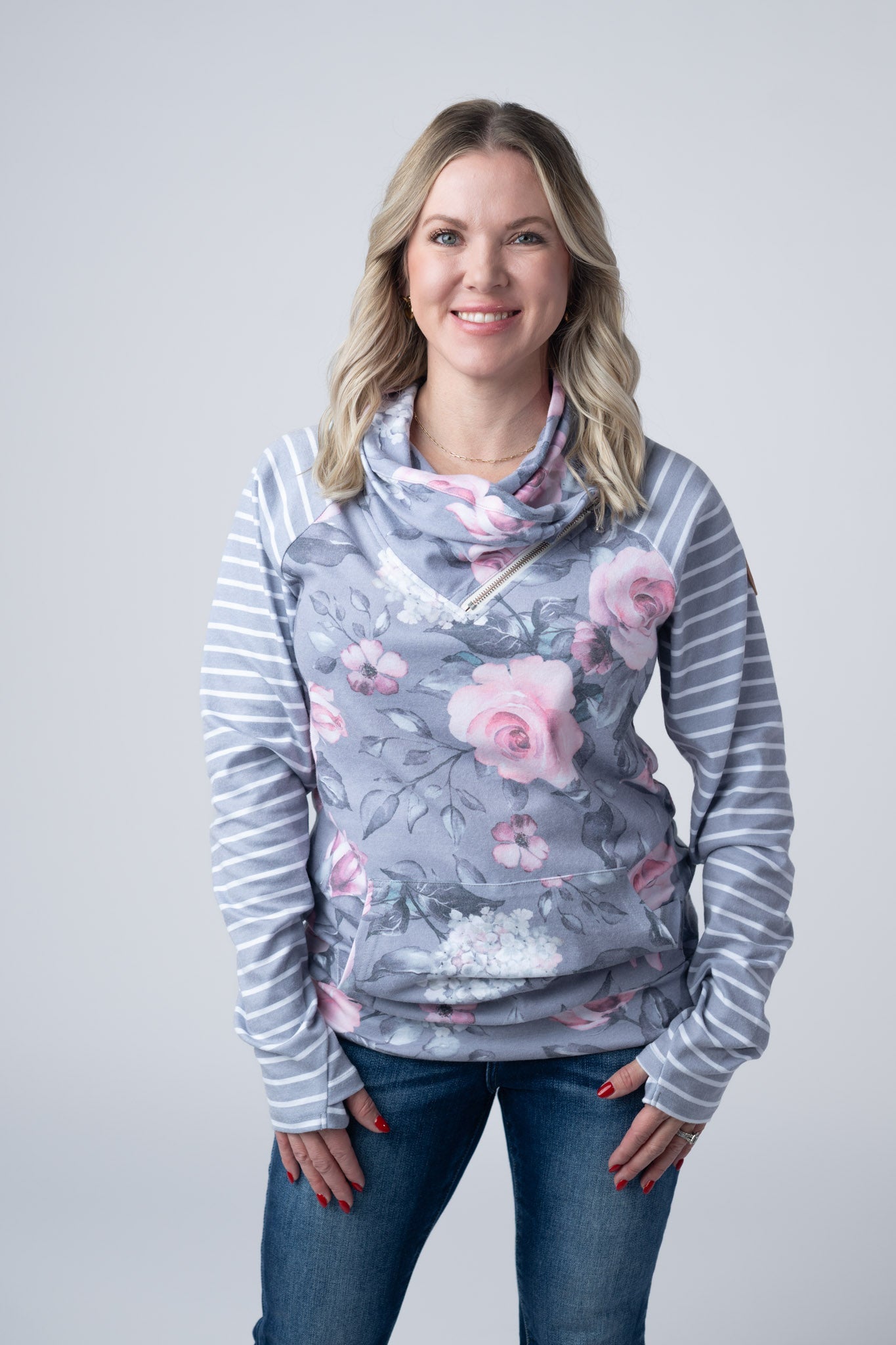Classic Zoey ZipCowl Sweatshirt - Grey Floral and Stripes