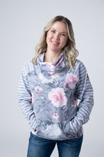 Load image into Gallery viewer, Classic Zoey ZipCowl Sweatshirt - Grey Floral and Stripes
