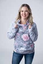 Load image into Gallery viewer, Classic Zoey ZipCowl Sweatshirt - Grey Floral and Stripes
