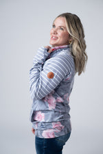 Load image into Gallery viewer, Classic Zoey ZipCowl Sweatshirt - Grey Floral and Stripes
