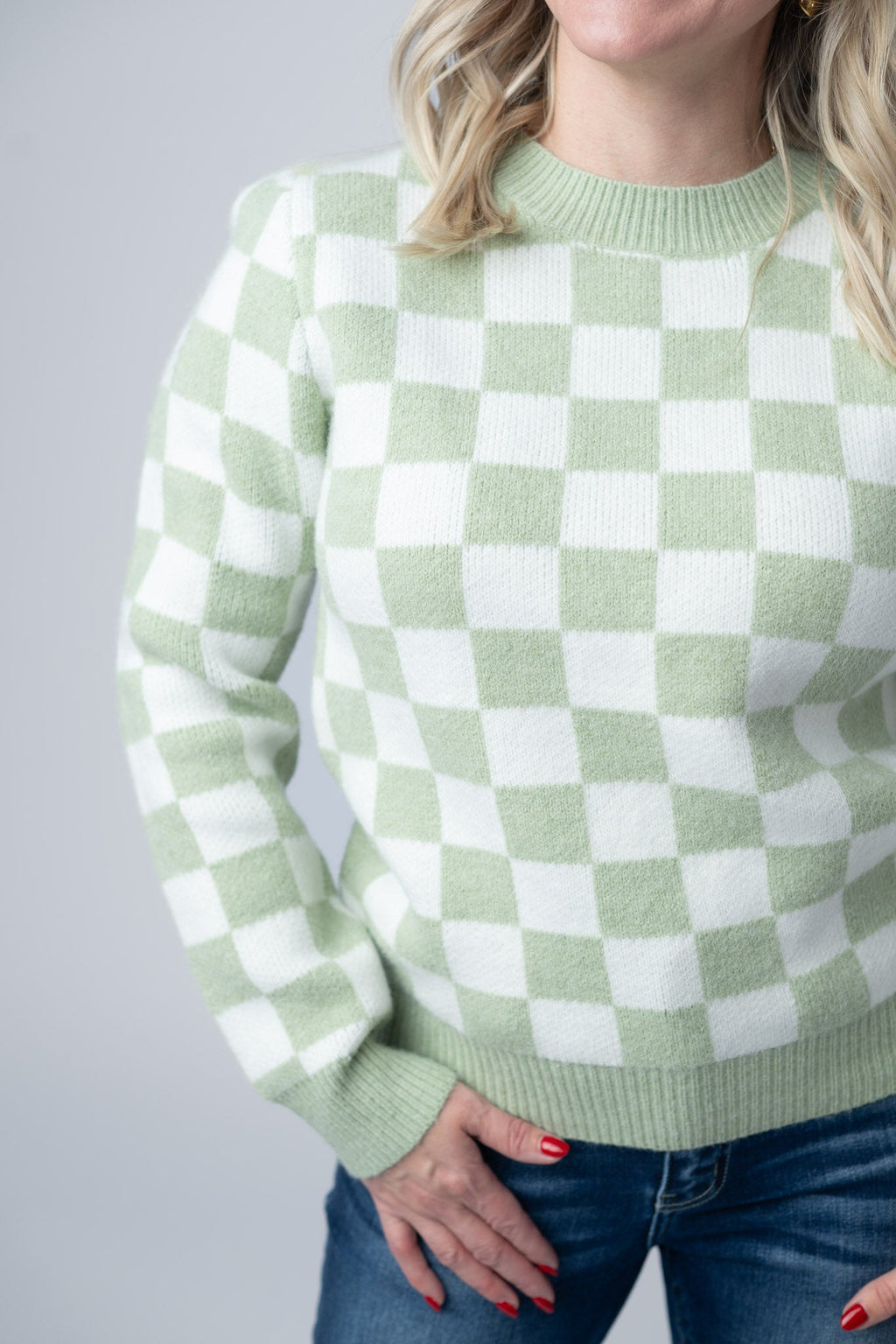 Checkered Sweater - Sage and White