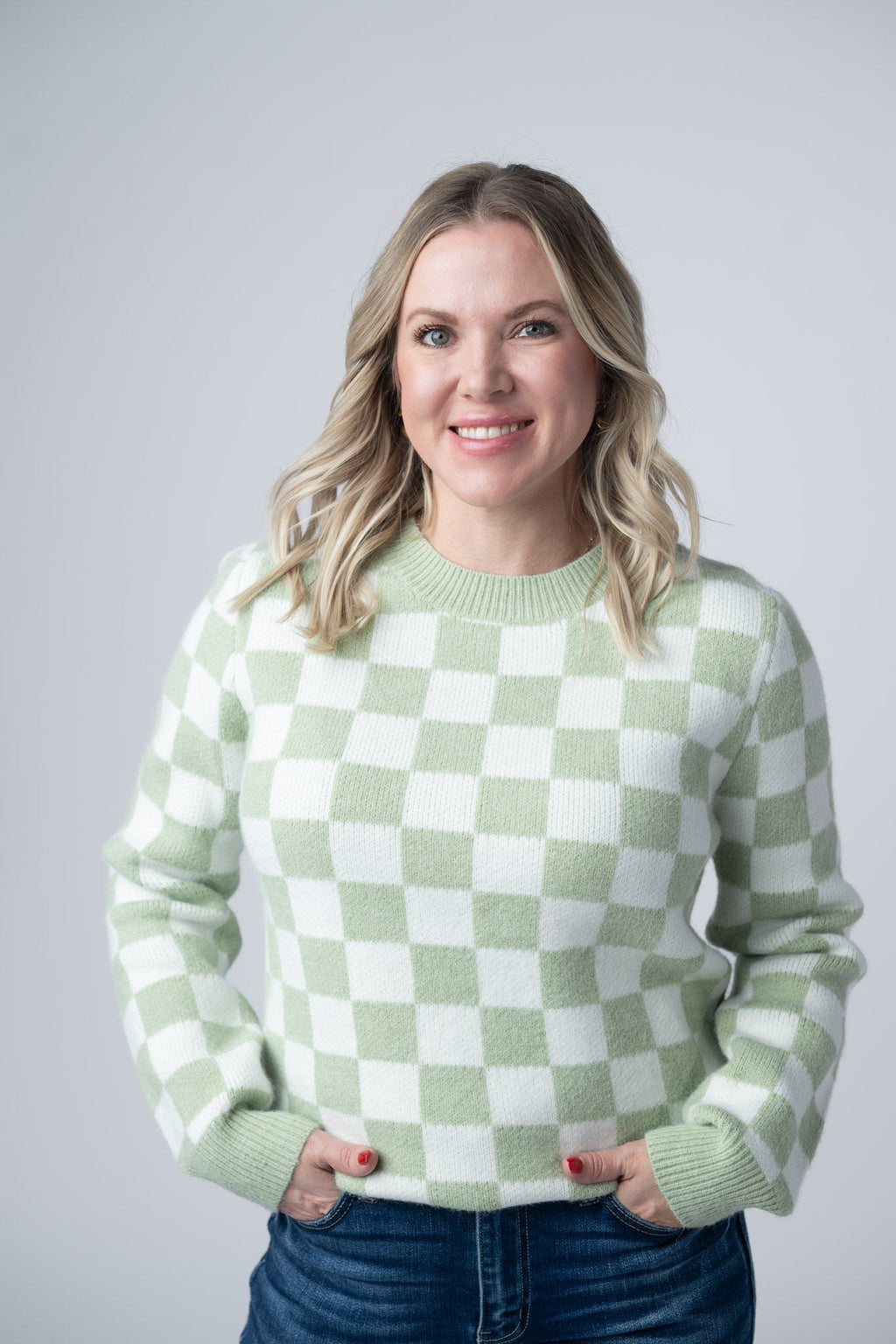 Checkered Sweater - Sage and White