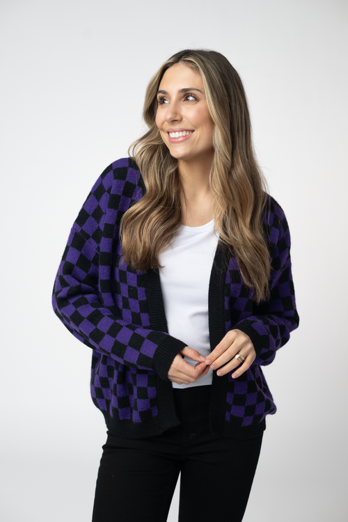 Micro Checkered Cardigan - Black and Purple