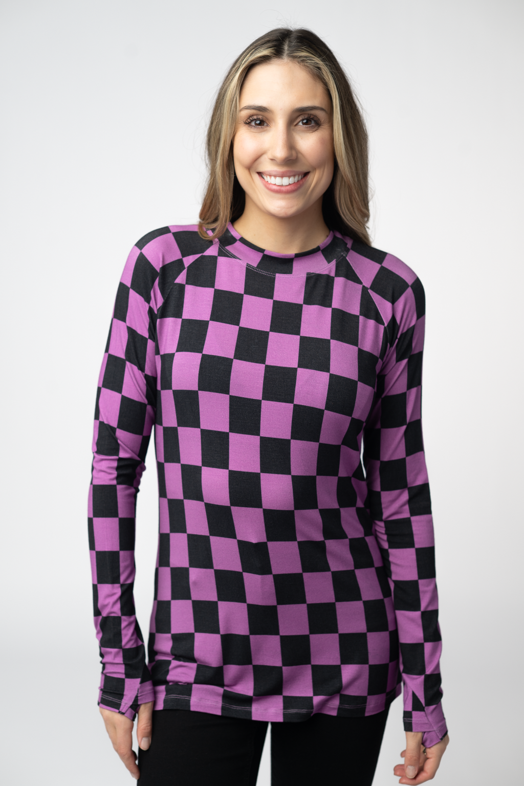 Blair Long Sleeve Top - Black and Purple Checkers