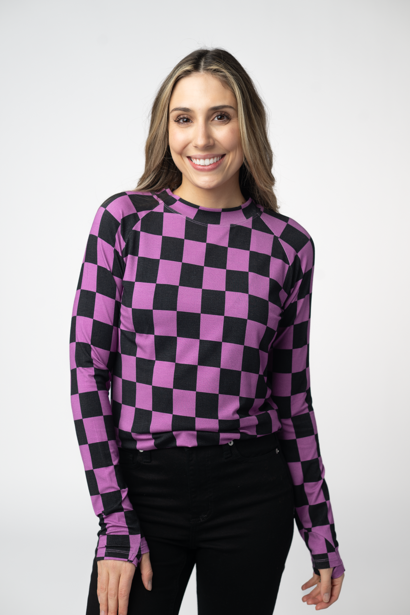 Blair Long Sleeve Top - Black and Purple Checkers