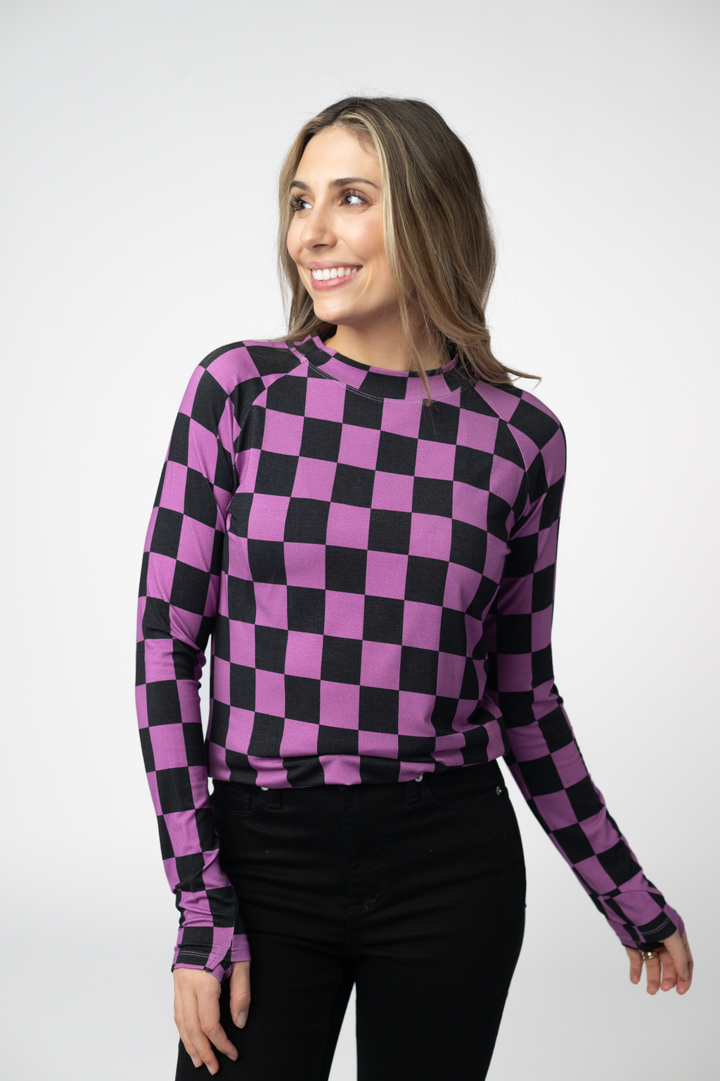Blair Long Sleeve Top - Black and Purple Checkers