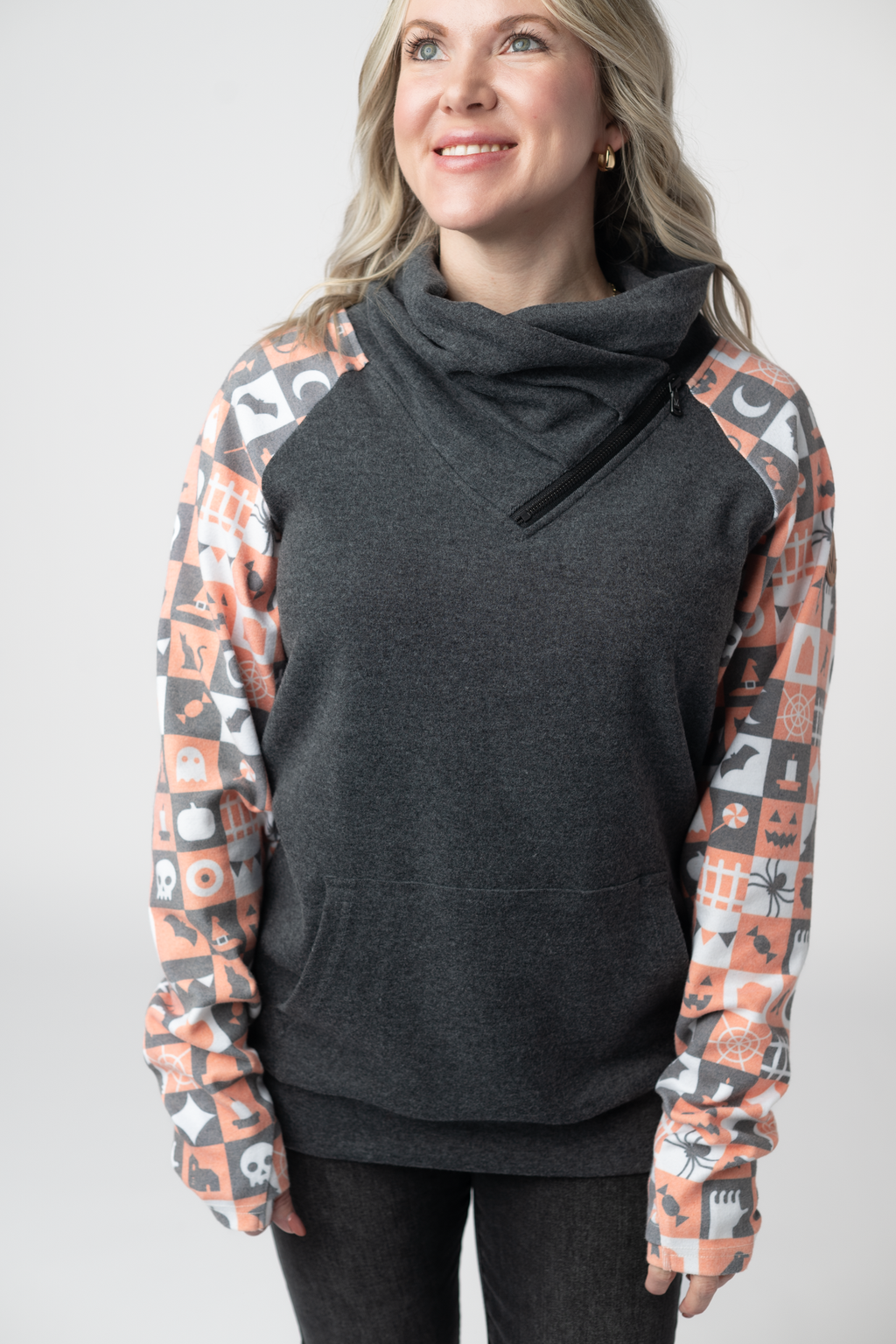 Zoey ZipCowl Sweatshirt -Trick-or-Treat Checkered and Charcoal