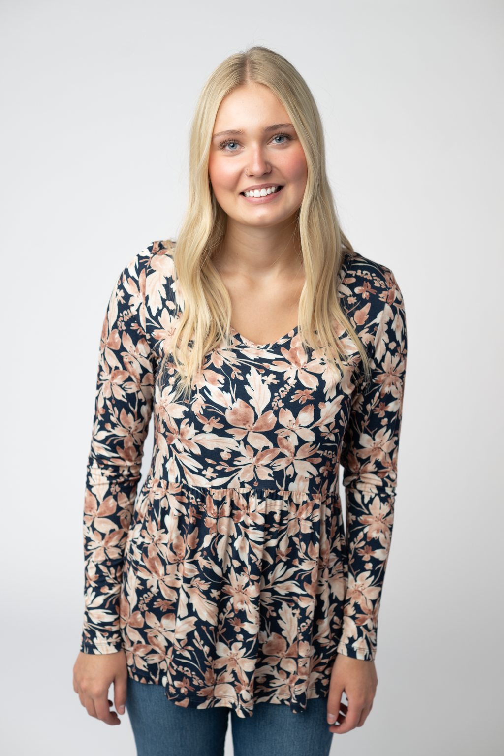 Long Sleeve Sarah Ruffle Top - Navy Autumn Petals