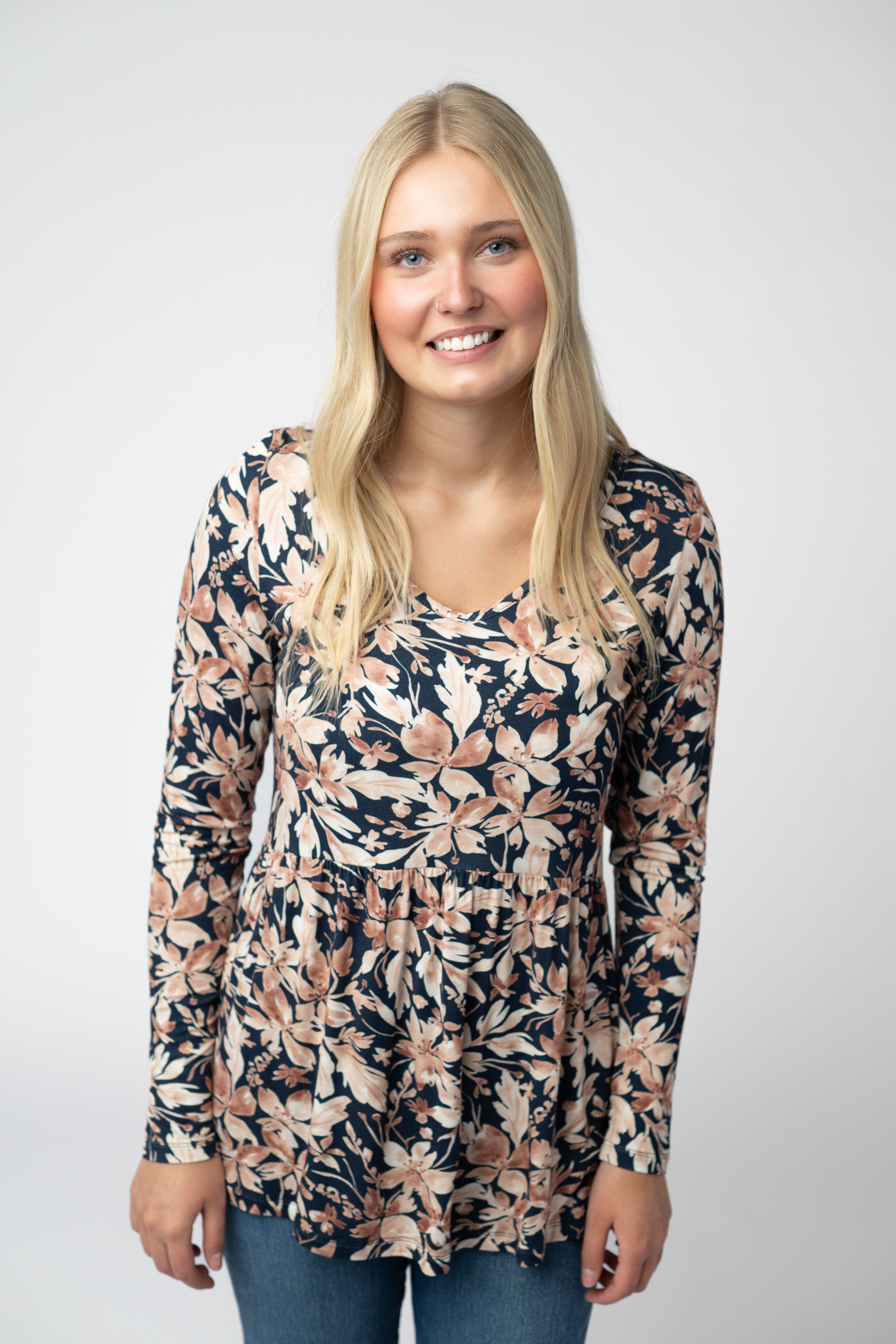 Long Sleeve Sarah Ruffle Top - Navy Autumn Petals