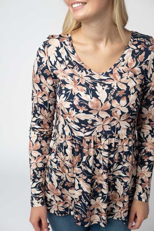 Long Sleeve Sarah Ruffle Top - Navy Autumn Petals