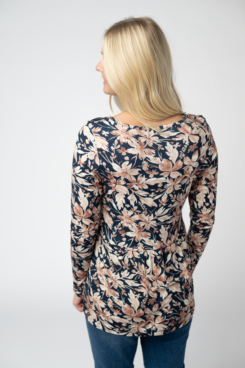 Long Sleeve Sarah Ruffle Top - Navy Autumn Petals